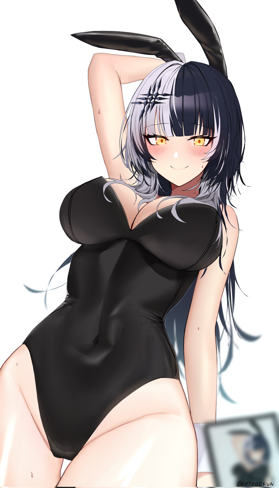 :), arms up, blush, breasts, bunny ears, bunny girl, bunnysuit, cellphone, cowboy shot, female, heavy blush, hololive, hololive english, hololive english -advent-, huge breasts, photo, shiori novella, sweatdrop, thick thighs, virtual youtuber, wide hips