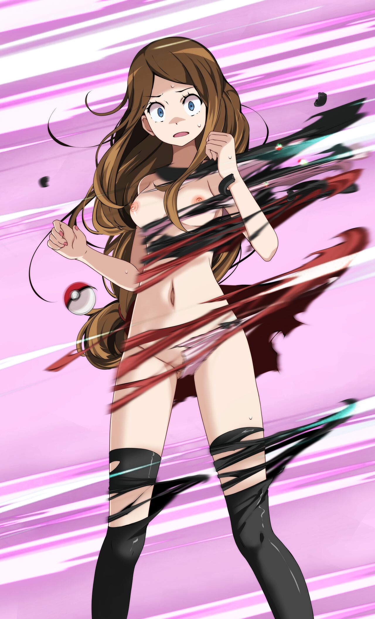 blonde_hair blue_eyes dropping_object exploding_clothes female female_focus female_only looking_at_viewer medium_breasts motion_lines nail_polish navel nipples pink_background poke_ball pokemon scared serena_(pokemon) sweat torn_bra torn_clothes torn_panties torn_shirt torn_skirt torn_thighhighs tsukishiro_saika