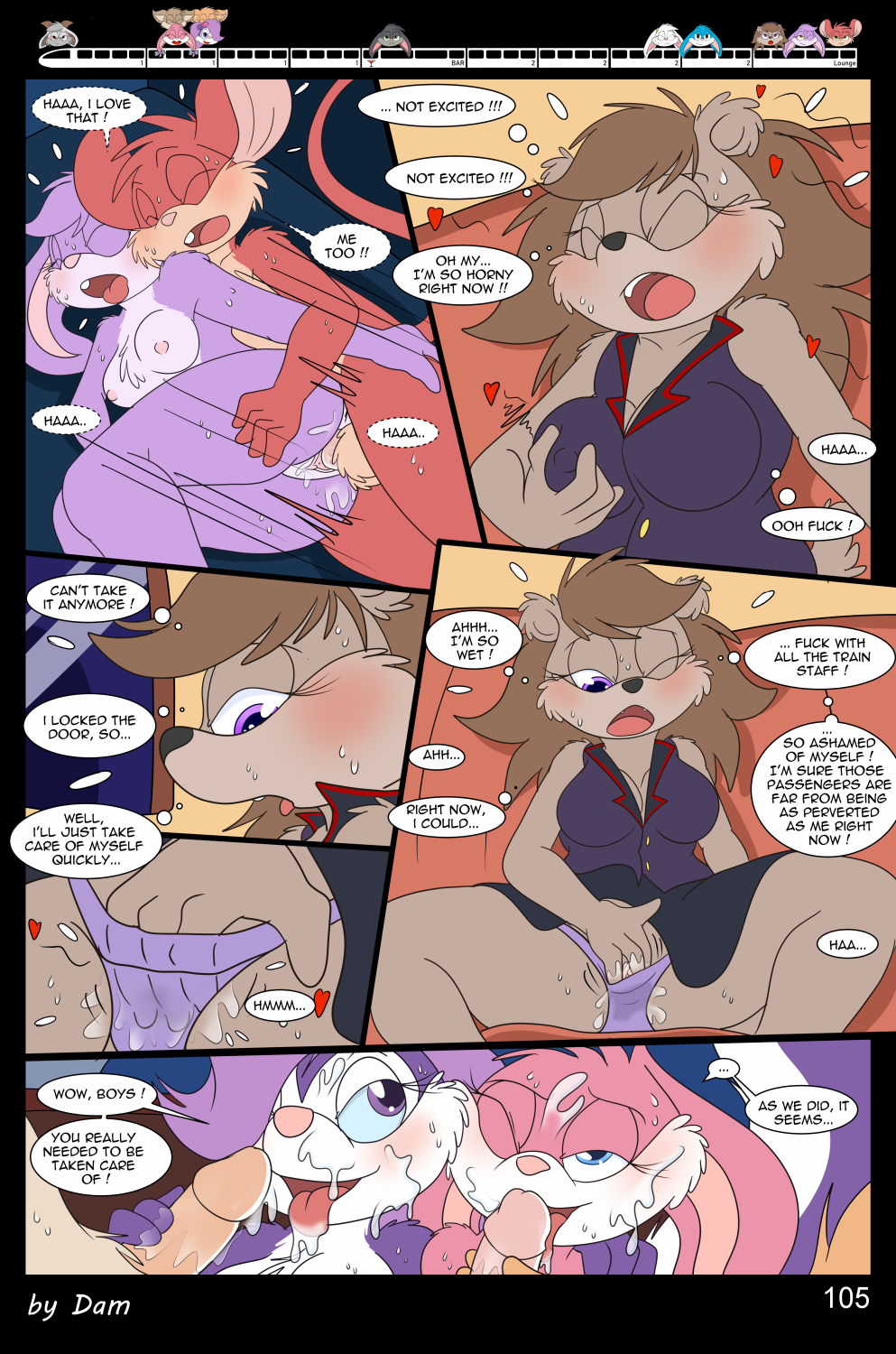 3_toes 4_fingers anthro babs_bunny breasts buster_bunny clothed clothing comic dam_(artist) dialogue english_text feet female fifi_la_fume fingers group hi_res lagomorph leporid male mammal mephitid page_105 plantigrade rabbit skunk speech_bubble text tiny_toon_adventures toes toons toony train vehicle warner_brothers