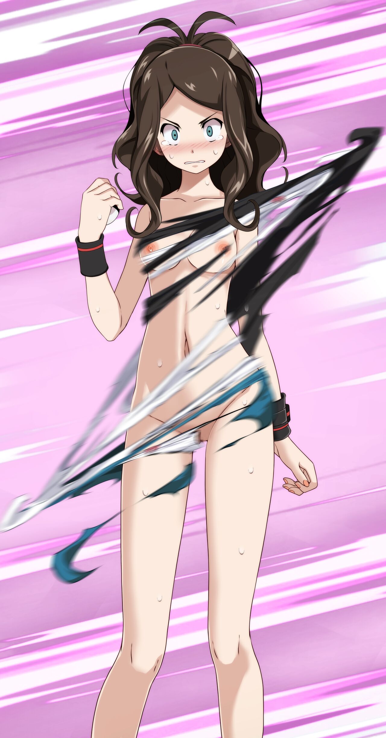 angry blue_eyes blush brown_hair censored exploding_clothes hilda_(pokemon) holding_object long_hair looking_at_viewer medium_breasts mosaic_censoring motion_lines nail_polish navel nipples pink_background poke_ball pokemon ponytail pussy sweat tears torn_bra torn_clothes torn_panties torn_shirt torn_shorts tsukishiro_saika wrist_cuffs