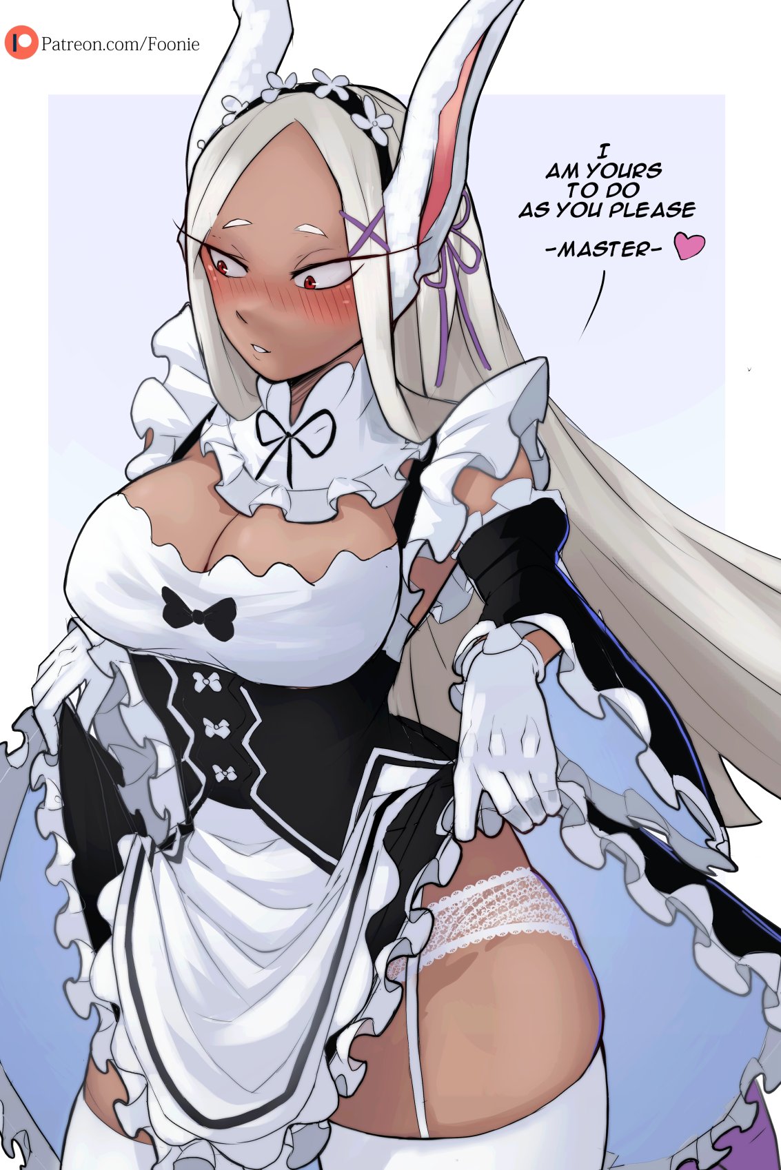 1girls black_and_white_clothing brown_eyes bunny_ears cleavage dark_skin deep_blush english_text female foonie foonie_xd happy_sub lifting_skirt long_hair maid maid_apron maid_headdress maid_outfit maid_uniform miruko my_hero_academia obedient obedient_sub submissive submissive_female text thick_thighs thighs two_tone_clothing two_tone_clothing_(blackandwhite) white_hair willing_sub