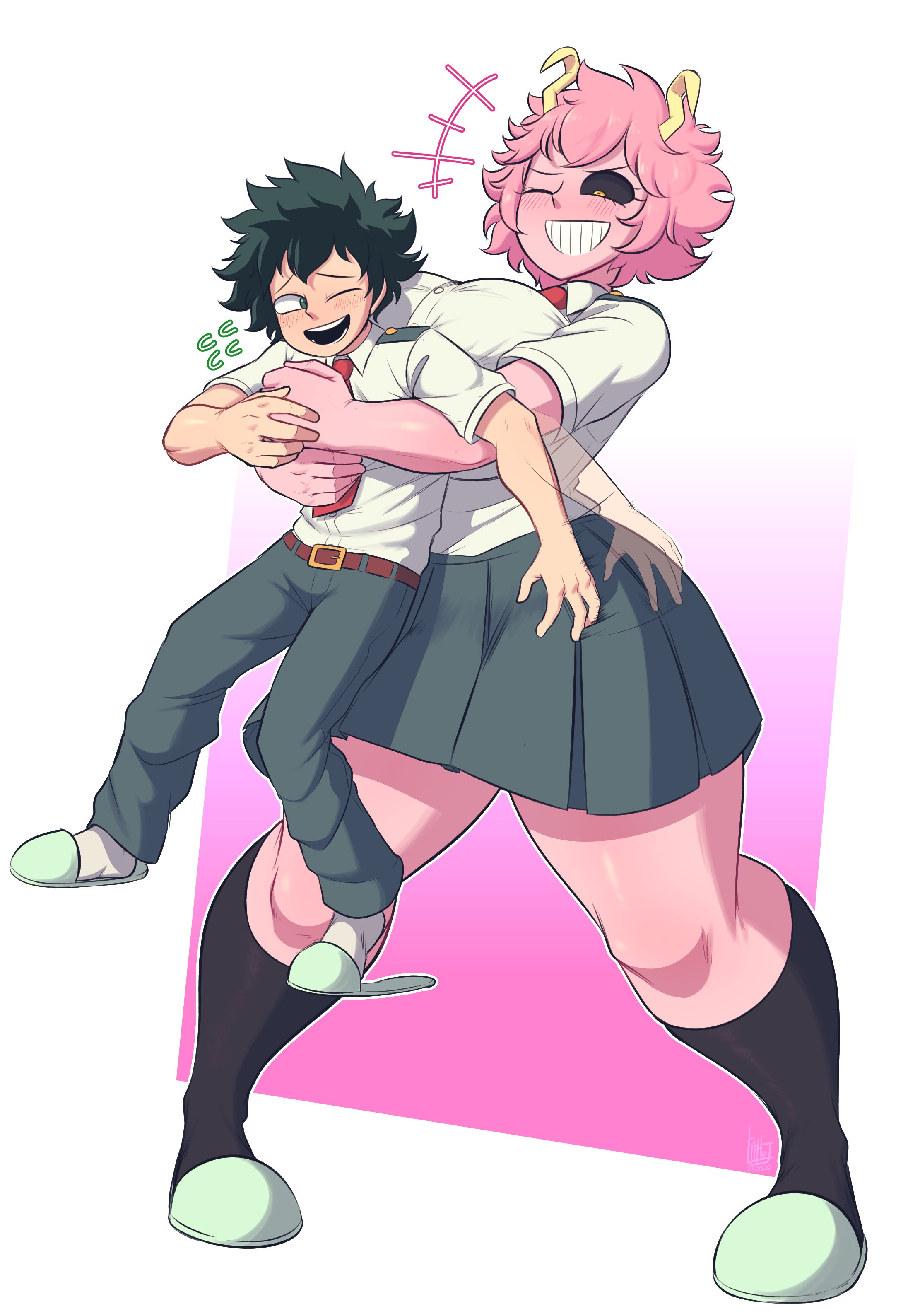 1boy, 1girls, big breasts, blush, blushing, boku no hero academia, breasts, commission, cute, female, giantess, green eyes, green hair, height difference, izuku midoriya, large female, larger female, light skin, light-skinned male, littlej (zi19191), looking down, looking down at partner, male, mina ashido, mini giantess, my hero academia, pink body, pink hair, pink skin, playful, school uniform, schoolboy, schoolgirl, size difference, smaller male, thick thighs, thighs, wholesome, yellow eyes