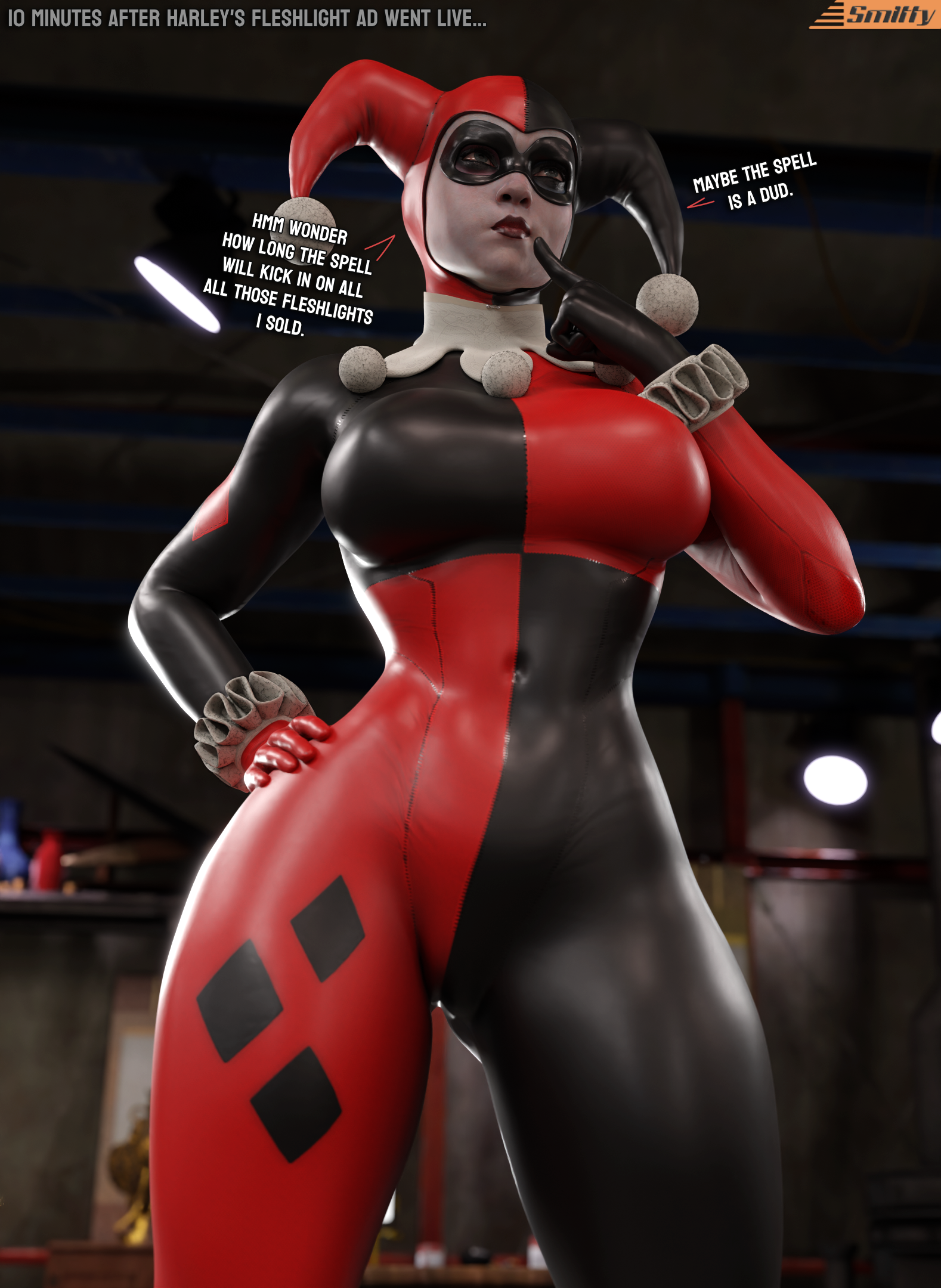 1girls, 3d, 3d (artwork), batman (series), batman: arkham knight, big breasts, blender (software), bodysuit, breasts, clown, clown girl, dc, dc comics, dialogue, female, female only, harley quinn, harley quinn (classic), harley quinn (injustice), hourglass figure, injustice 2, jester, jester cap, jester costume, jester girl, jester hat, jester outfit, slim waist, smitty34, solo, tagme, text, thick thighs, voluptuous