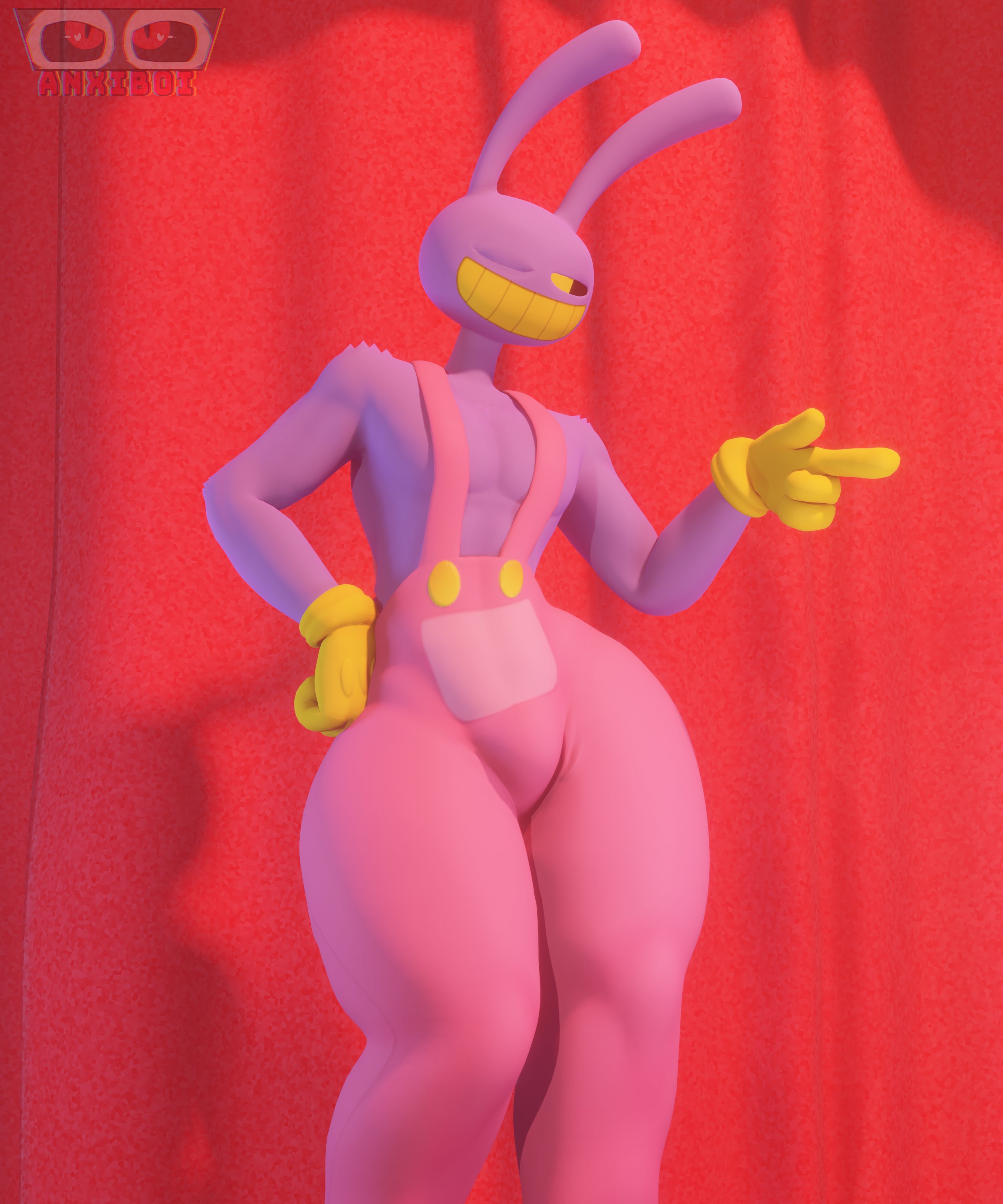 1boy, 2023, 3d, 3d (artwork), anxiboi, artist logo, ass, big ears, big muscles, black pupils, bunny, bunny ears, button (fastener), clothed, clothing, digital circus, femboy, femboy focus, femboy only, feminine, feminine body, feminine male, feminine pose, gay, girly, glitch productions, gooseworx, grinning, jax (the amazing digital circus), lagomorph, looking at another, male, male focus, male only, muscles, muscular, muscular anthro, muscular male, offscreen character, one eye closed, overalls, purple body, purple fur, solo, solo male, tagme, the amazing digital circus, thick, thick ass, thick hips, thick legs, thick thighs, wide hips, yellow eyes, yellow gloves, yellow teeth