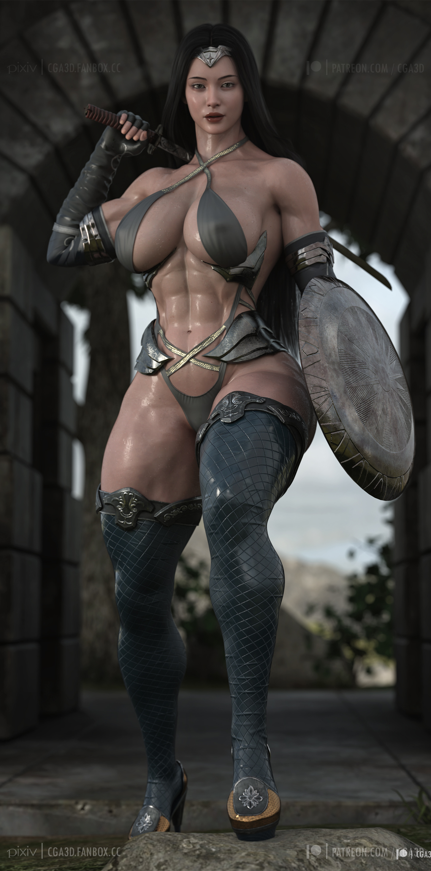 1girls, 3d, 3d (artwork), abs, amazon, amazonian, ass, big ass, big butt, bikini armor, black hair, breasts, bubble ass, bubble butt, cga3d, cleavage, curvaceous, curvy, curvy female, curvy figure, daz studio, daz3d, erotichris, female, female only, green eyes, huge ass, kana (cga3d), katana, muscular, muscular female, muscular thighs, original, original character, seductive, seductive look, sensual, shield, skimpy, skimpy armor, sleeveless, solo, sword, thick, thick ass, thick thighs, tiara, voluptuous, voluptuous female, wide hips, wonder woman (cosplay)