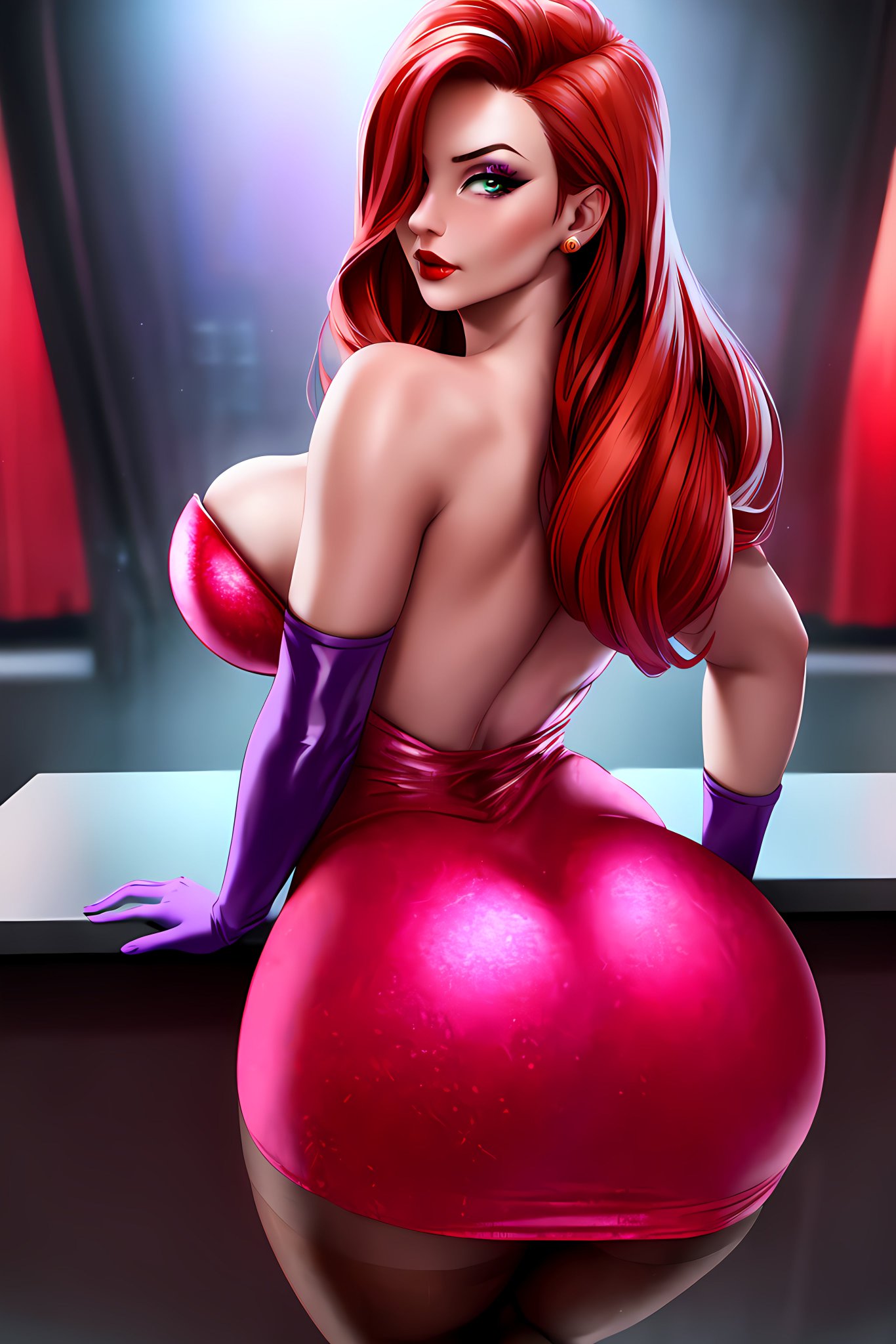 1girls ai_generated ai_hands aiartshines dress elbow_gloves jessica_rabbit purple_elbow_gloves red_hair solo stable_diffusion who_framed_roger_rabbit