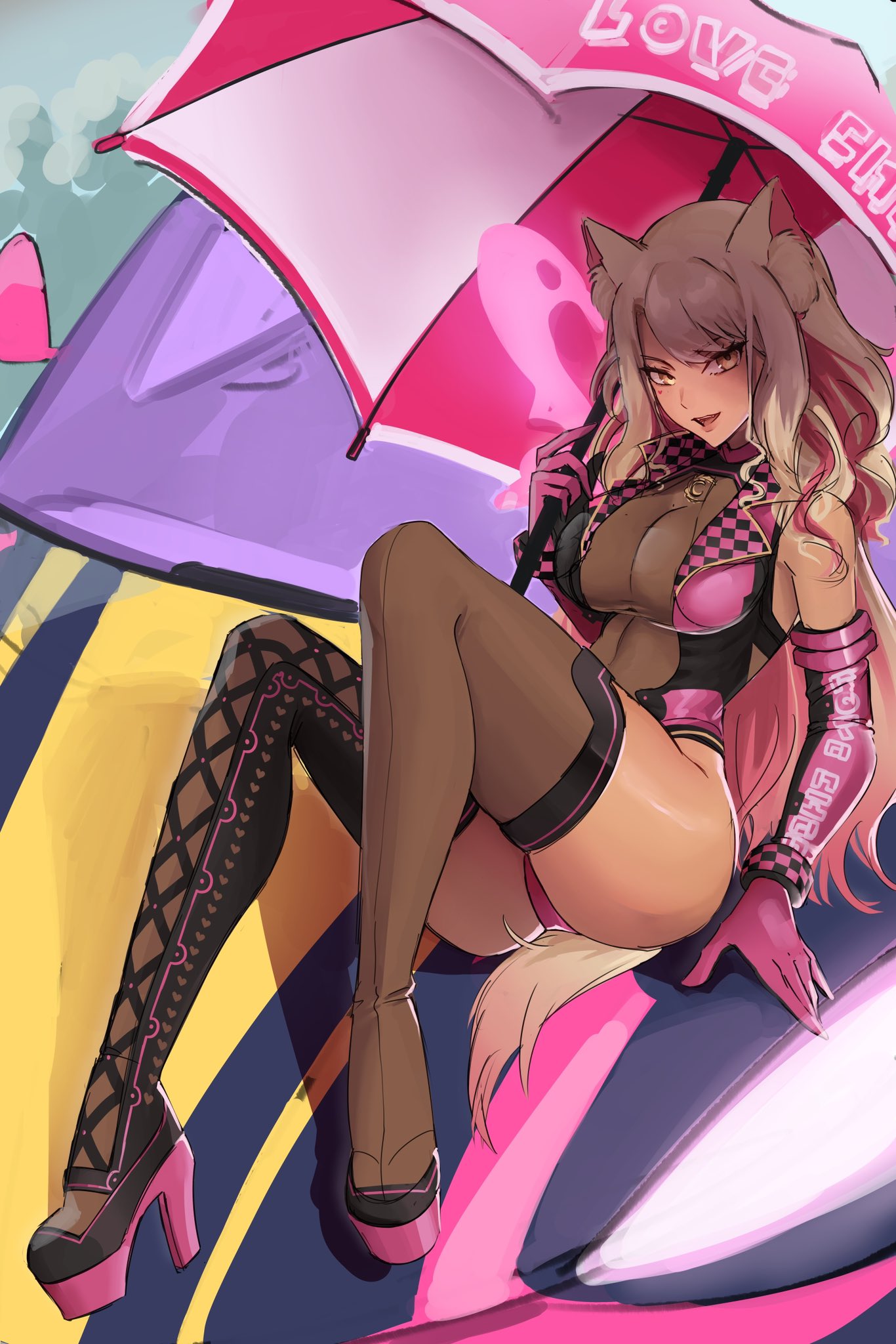 13addendum, 1girls, animal ear fluff, animal ears, black gloves, black one-piece swimsuit, blonde hair, boots, breasts, elbow gloves, fate (series), fate/grand order, female, fox ears, fox girl, fox tail, gloves, high heels, holding, holding umbrella, large breasts, looking at viewer, one-piece swimsuit, open mouth, pink gloves, pink one-piece swimsuit, solo, suzuka gozen (fate), suzuka gozen (swimsuit rider) (fate), swimsuit, tail, tan, thigh boots, two-tone gloves, two-tone swimsuit, umbrella, yellow eyes