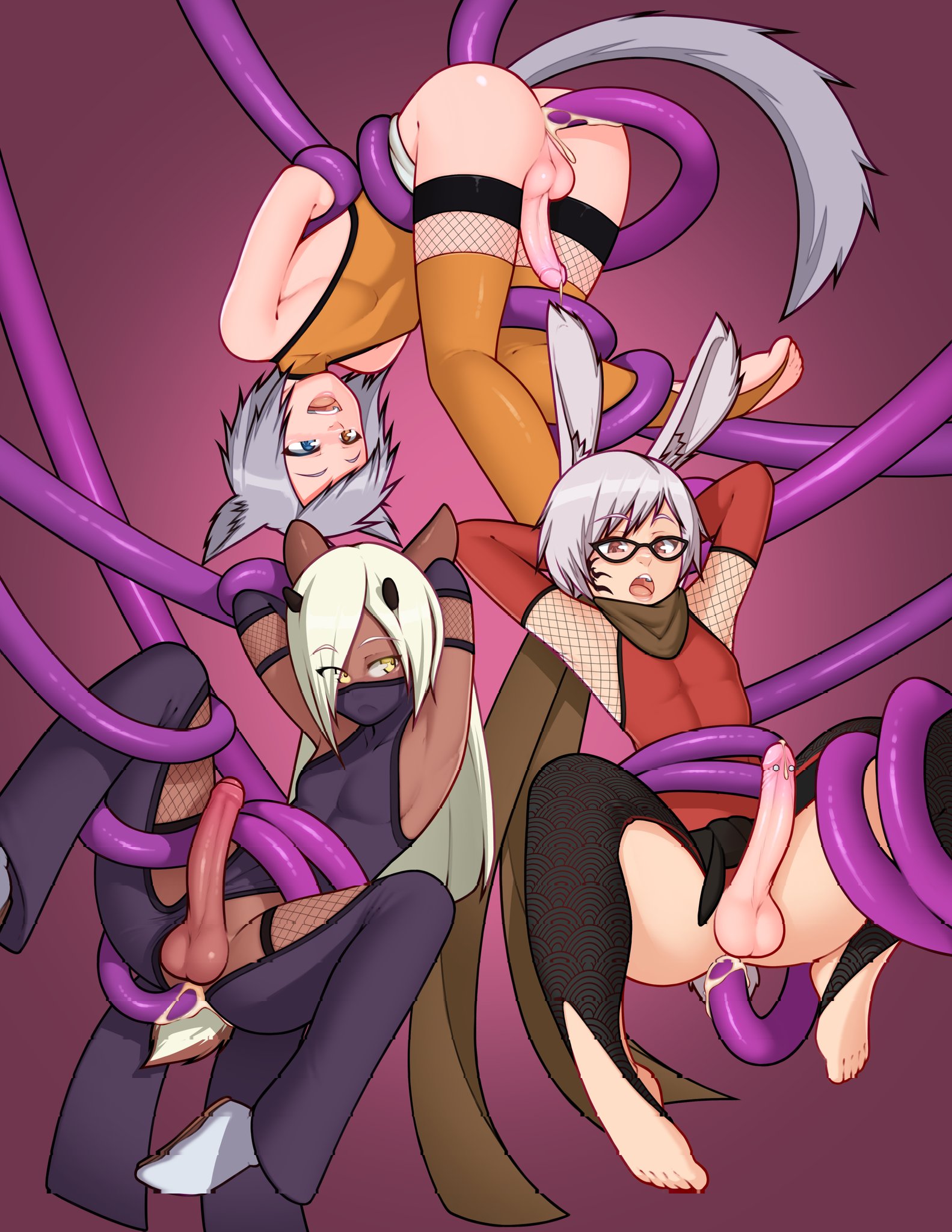 2020, 3boys, alexw95, amber eyes, anal, anal sex, ansyl malthas, ass, balls, blonde hair, blue eyes, bunny ears, cat ears, cum, cum in ass, cum inside, dark skin, dark-skinned male, erect penis, femboy, final fantasy, final fantasy xiv, girly, glasses, grey hair, heterochromia, hi res, light skin, light-skinned male, male, male only, miqo'te, ninja, penetration, penis, penis piercing, red eyes, restrained, restrained by tentacles, suspended via tentacles, suspension, tail, taiyo akari, tentacle, tentacle in ass, tentacle rape, tentacles on male, viera, white hair, yellow eyes