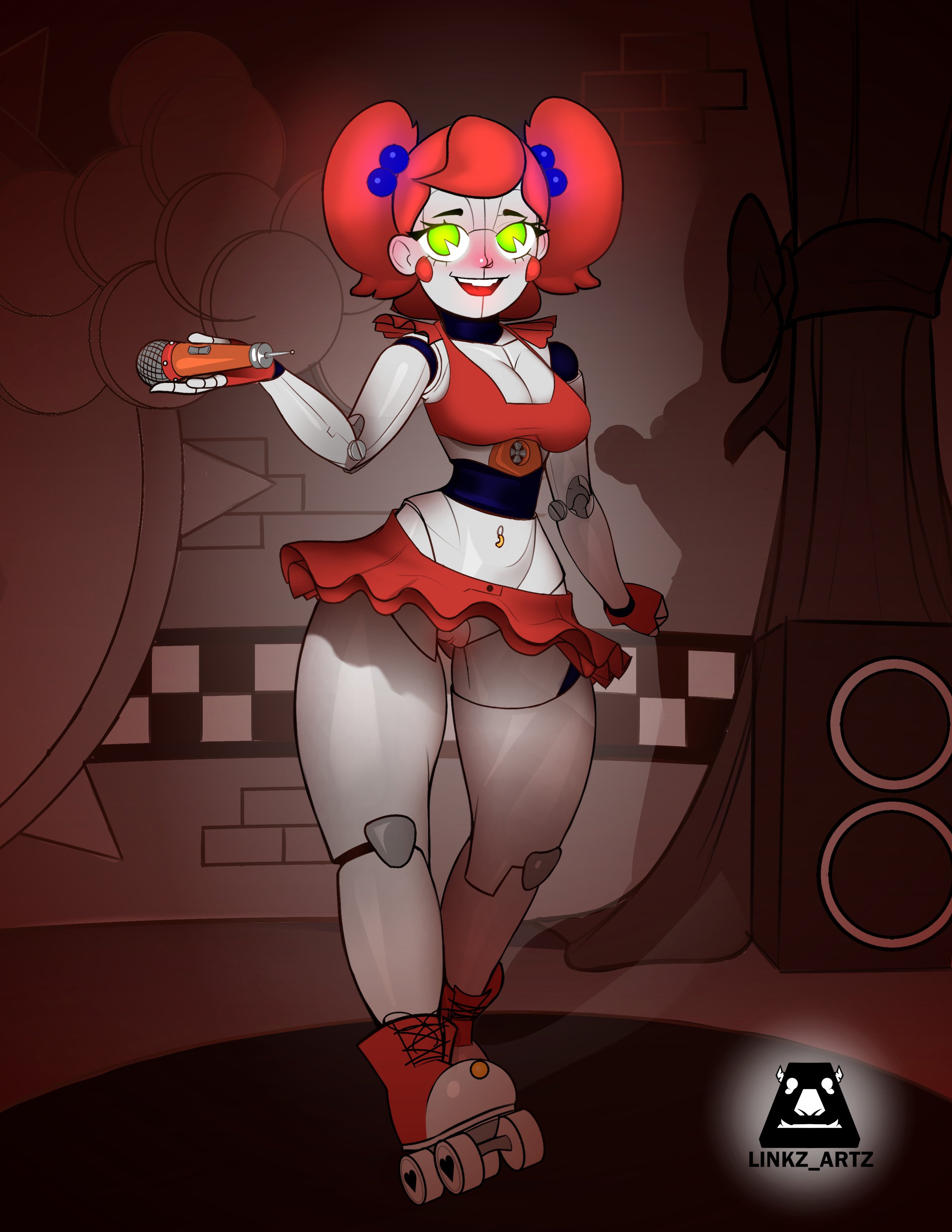 baby (fnafsl), belly button, blush, bottomless skirt, circus baby, circus baby (fnaf), cleavage, crop top, female, female only, five nights at freddy's, five nights at freddy's: sister location, gloves, going commando, green eyes, holding object, linkz artz, microphone, no panties, pale skin, piercing, pussy, red hair, robot, robot girl, roller skates, shoulder pads, skates, skirt, smile, solo, tagme, thick thighs, wide hips