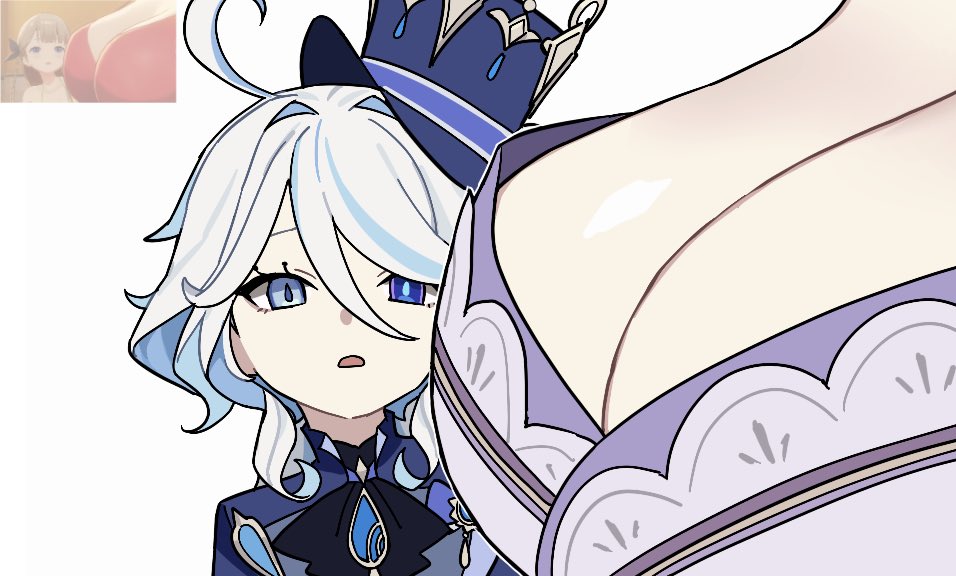 2girls, blue eyes, breast envy, breasts, busty, cleavage, different eye color, female, furina (genshin impact), genshin impact, hat, kimono, large breasts, meme, raiden shogun, white hair