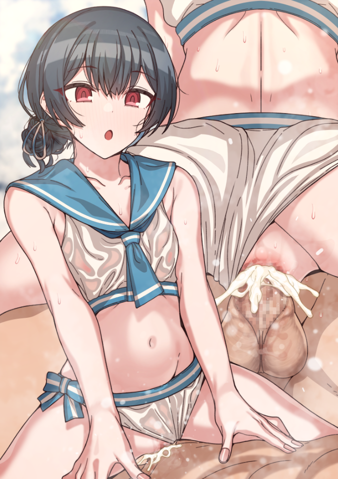 1boy :d back bikini bikini_bottom_aside black_hair blush breasts censored clothing_aside cowgirl_position cum cum_in_pussy erere female idolmaster idolmaster_shiny_colors morino_rinze mosaic_censoring multiple_views navel open_mouth penis ponytail pussy_juice red_eyes sailor_bikini sailor_collar sailor_swimsuit_(idolmaster) sex smile spread_legs straddling straight sweat swimsuit testicles vaginal_penetration white_bikini