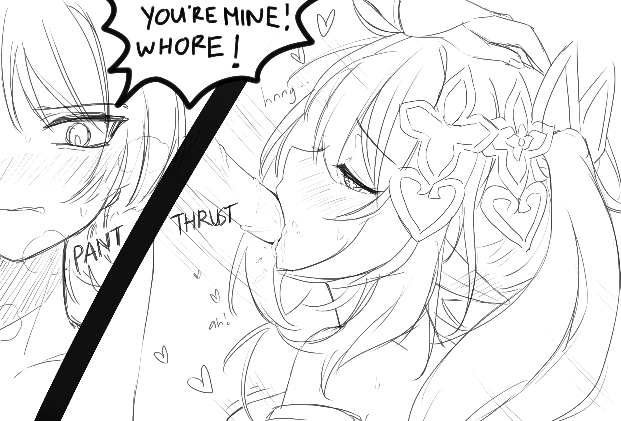 1boy, 1girls, blowjob, blush, dirty talk, english text, erection, female, genshin impact, heart, male, maledom, nahida (genshin impact), open mouth, penis, ponytail, scaramouche (genshin impact), shira (artist), sucking, sucking penis, uncensored