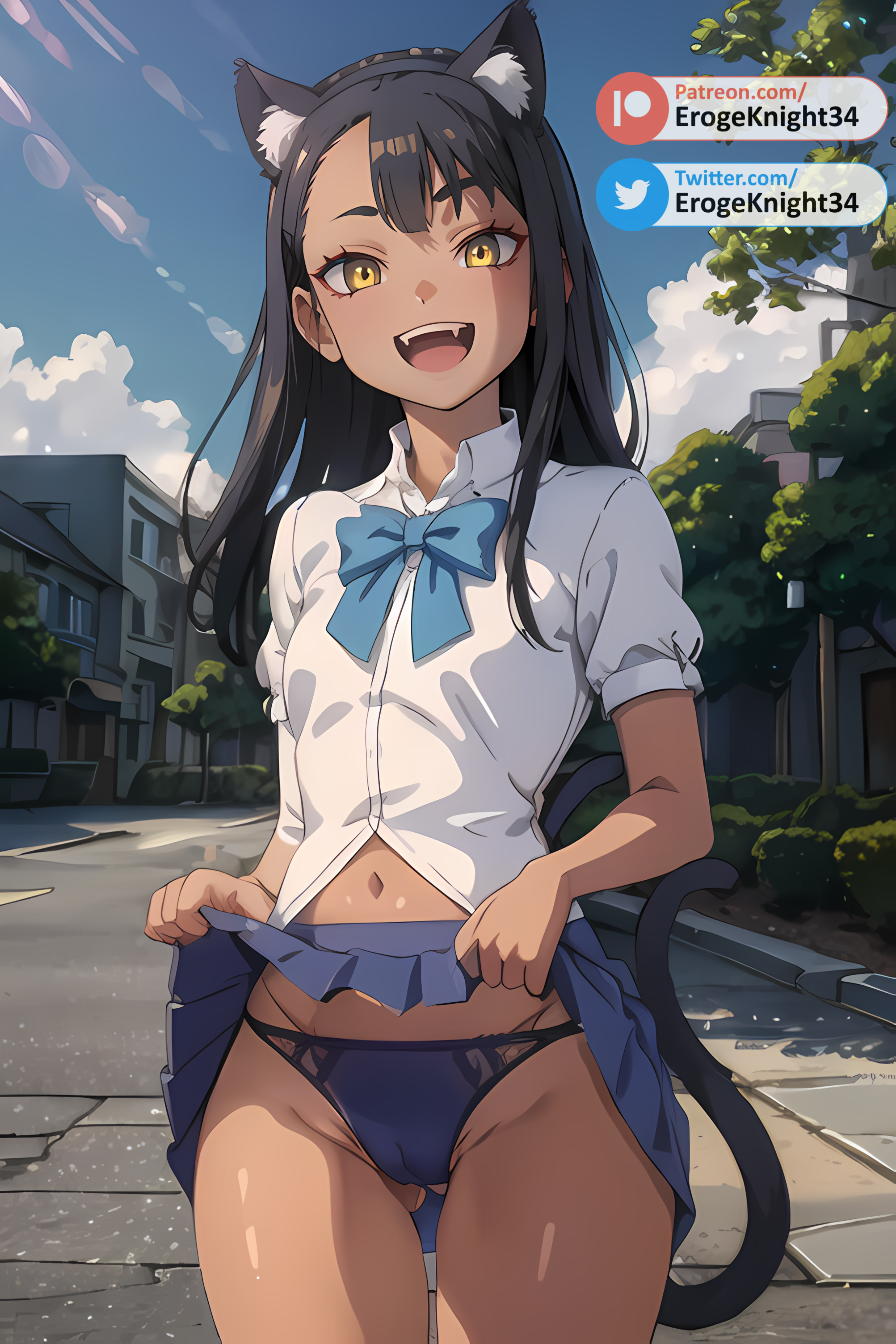 1girls, ai generated, black hair, breasts, brown eyes, cat ears, cat tail, clothed, clothing, erogeknight, fake animal ears, fangs, female, female focus, female only, hayase nagatoro, hi res, highres, lifted skirt, long hair, navel, open mouth, panties, please don't bully me, nagatoro, revealing clothes, school uniform, simple background, skinny, skirt, skirt lift, small breasts, solo, stable diffusion, tan, tan body, tan skin, tan-skinned female, tanned, tanned female, uniform, watermark, white shirt, yellow eyes