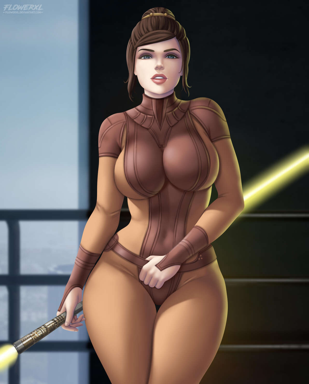 1female 1girls adult_female artist_logo athletic athletic_female bastila_shan blue_eyes bodysuit breasts brown_hair brown_lipstick brown_suit clothed double_bladed_lightsaber female female_only flowerxl front_view hair_ornament human human_female large_breasts lightsaber looking_at_viewer pale-skinned_female pale_skin slim_waist solo star_wars text thighs weapon