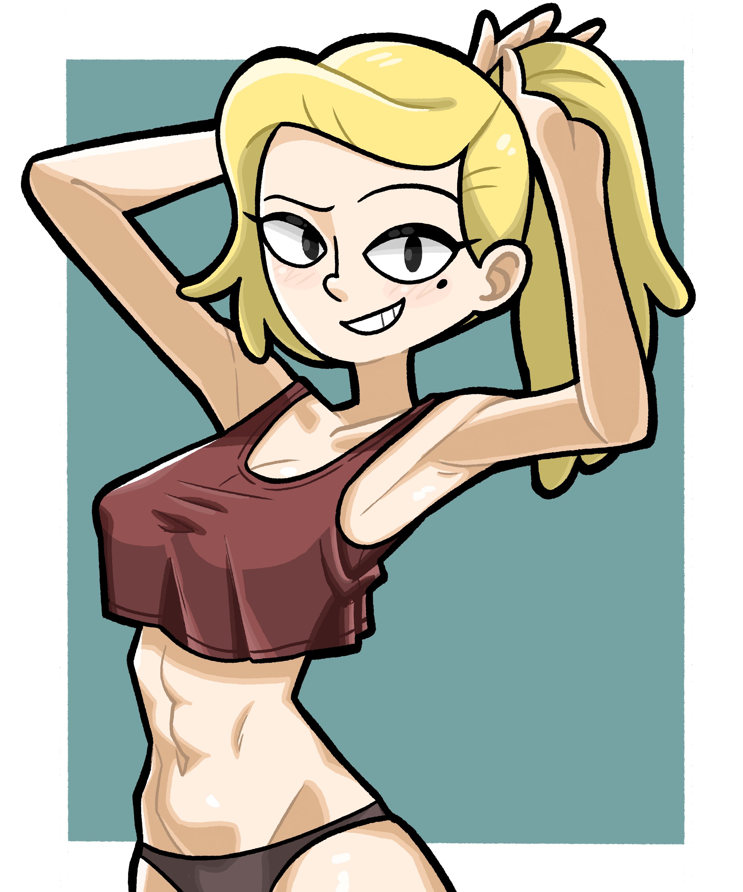 1girls, 2023, abs, amphibia, armpits, arms up, athletic, beauty mark, belly button, bikini, bikini bottom, black eyes, blonde hair, blue background, blush, blushing at viewer, bottomwear, breasts, clothed, clothed female, clothes, clothing, crop top, disney, disney channel, female, fit, fit female, front view, grin, hair, hands above head, hands in hair, hi res, human, light skin, light-skinned female, long hair, looking at viewer, medium breasts, midriff, mole, mole under eye, n k m, navel, panties, ponytail, sasha waybright, simple background, smile, smiling, smiling at viewer, solo, standing, stomach, straight hair, tank top, teeth, topwear, tying hair, underwear