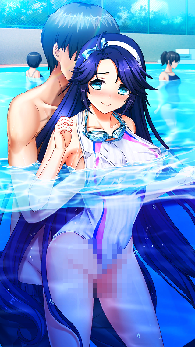 1boy 3girls bare_arms bare_legs blue_bow blue_eyes blue_hair bow bow_hairband breasts censored closed_mouth doukyuusei_another_world floating_hair game_cg grabbing grabbing_another's_breast grabbing_from_behind hairband hairbow hand_under_clothes koiwai_akari large_breasts long_hair male_swimwear_pull mosaic_censoring multiple_girls partially_submerged partially_underwater_shot pool sex smile stealth_sex underwater very_long_hair water white_hairband