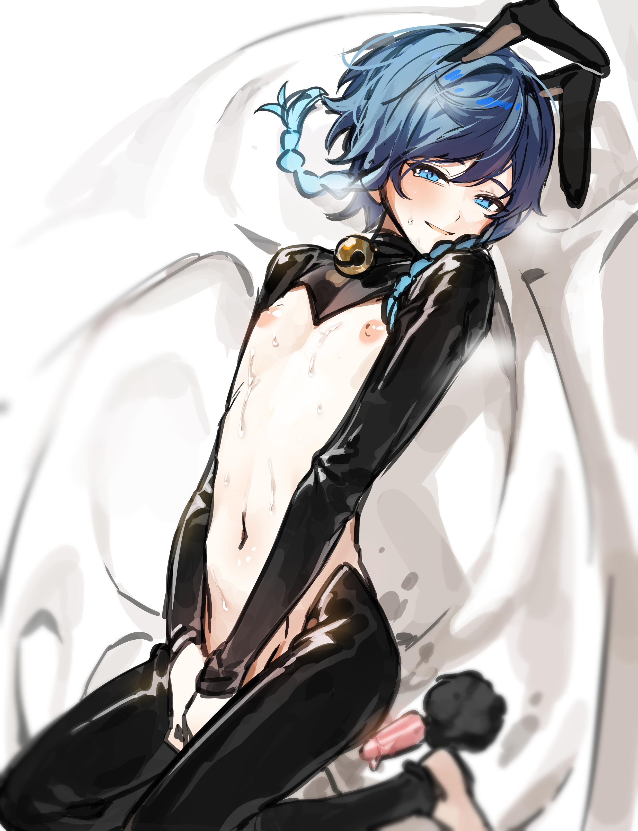 1boy, anal plug, androgynous, blue eyes, blue hair, breasts, bunny ears, bunnysuit, buttplug, erect nipples, femboy, genshin impact, kkopoli, leotard, looking at viewer, male, male only, nipples, playboy bunny, seductive, seductive look, smile, sweat, trap, twin braids, twink, venti (genshin impact)
