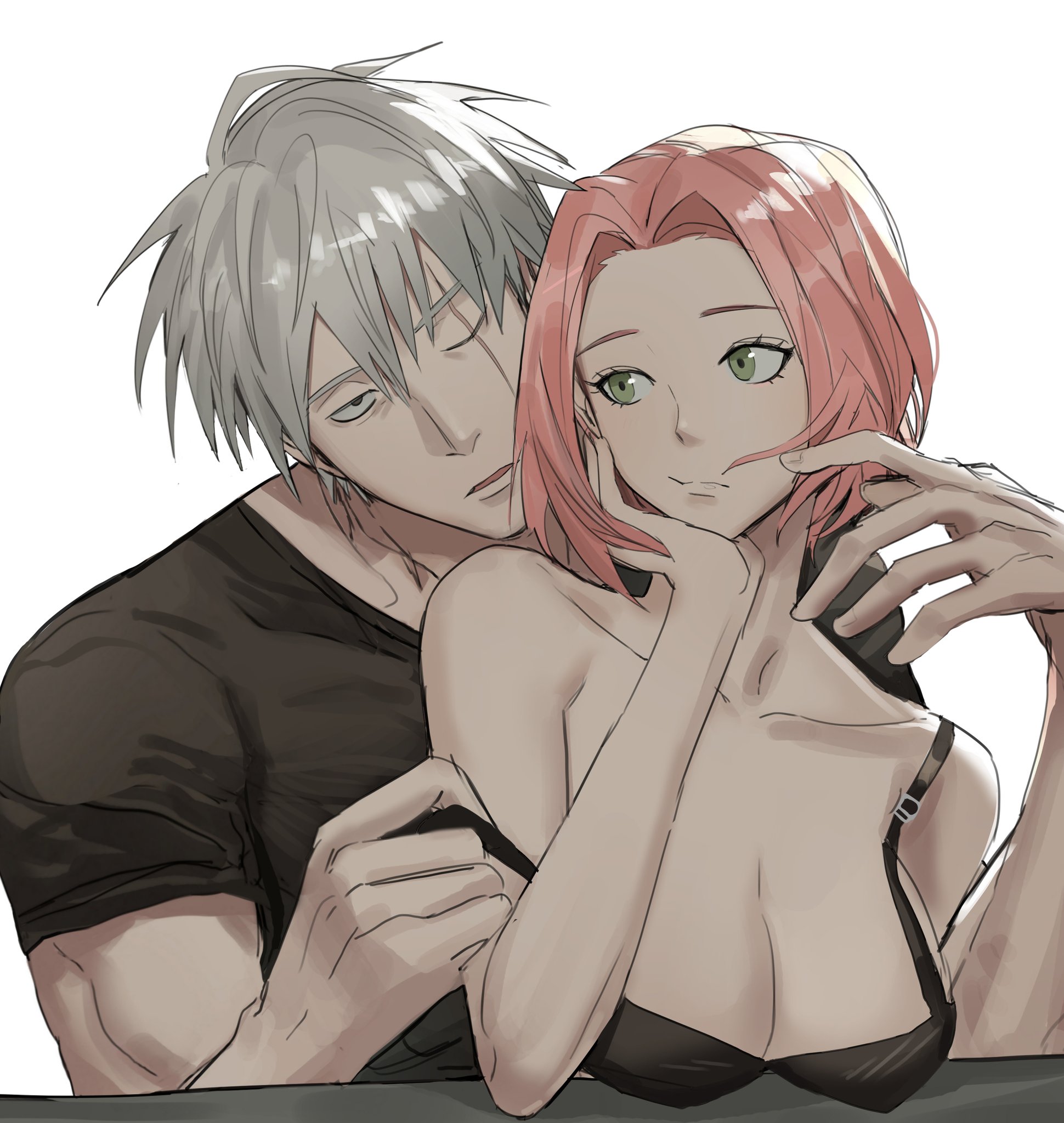 1boy, 1girls, adult, age difference, black eyes, bra, bra pull, breasts, cleavage, easyyoooo, female, grabbing, grabbing from behind, green eyes, grey hair, hatake kakashi, male, mature (disambiguation), mature female, naruto, naruto (series), naruto shippuden, older male and younger female, one eye closed, pink hair, pulled by another, sakura haruno, scar, scar across eye, shirt, straight, strap gap, strap slip, teacher and student, teenager, topless, topless female, underwear, undressing, unmasked, upper body, younger female