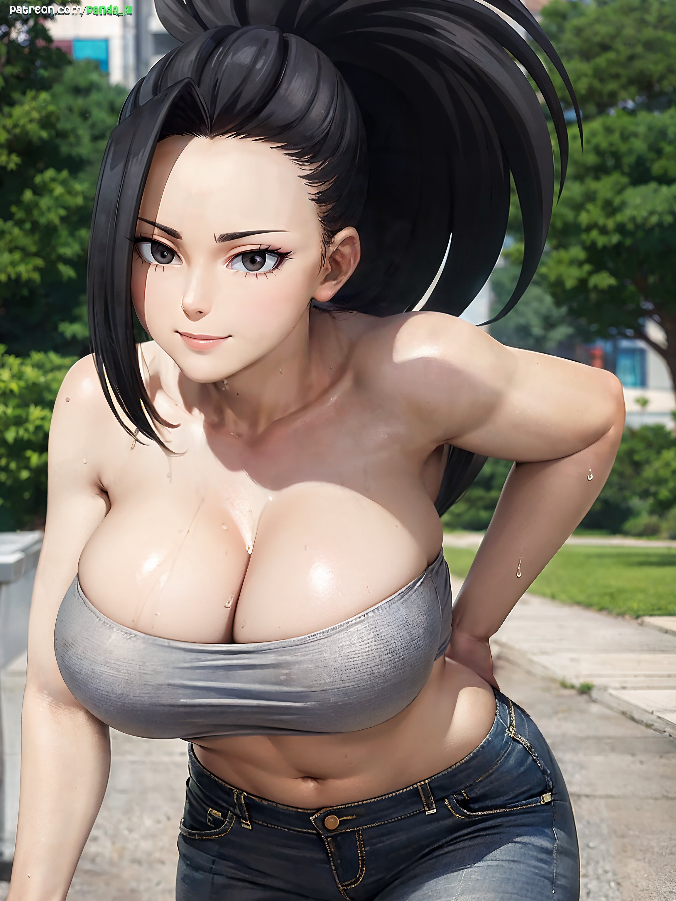 1girls, ai generated, black hair, breasts, casual clothes, female, hi res, huge breasts, jeans, light skin, light-skinned female, long hair, momo yaoyorozu, my hero academia, nipples, outdoors, panda ai, panda-ai, ponytail, stable diffusion, tank top, thick thighs, wide hips