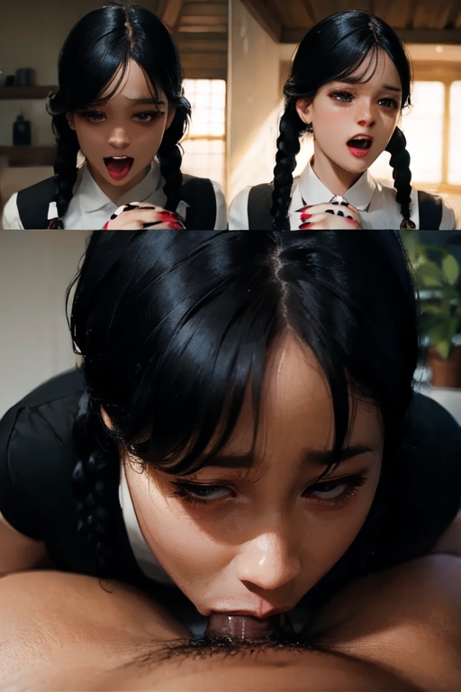 1boy, 1girls, ahe gao, ai generated, aigeneratedp, blowjob, braided twintails, cute, deepthroat, eye contact, female, fringe, goth, goth girl, light skin, light-skinned female, male, oral, petite, pov, pov blowjob, skinny, slim, teenager, the addams family, tight throat, tongue, tongue out, twintails, wednesday (netflix), wednesday addams