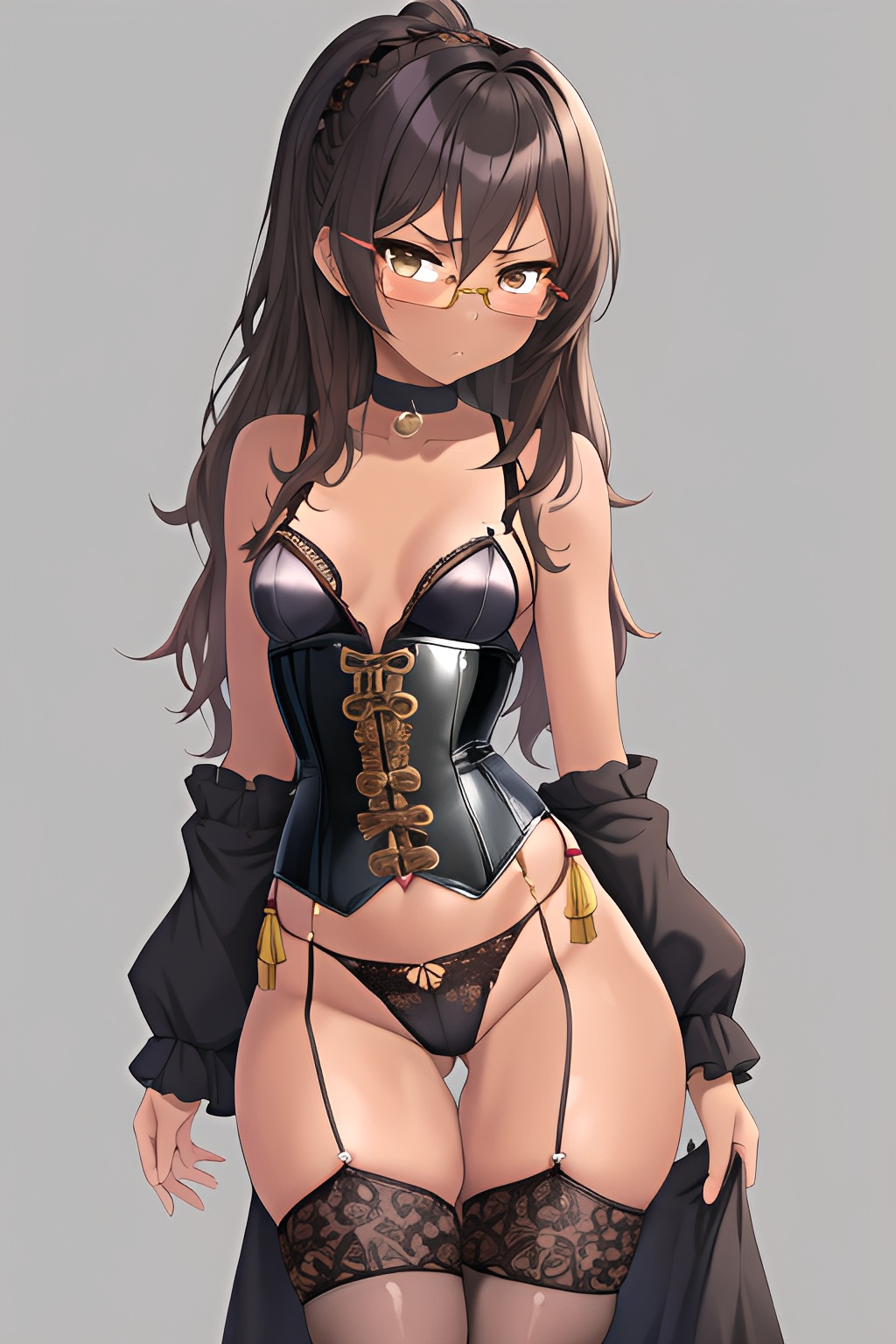 1girls, ai generated, angry, angry expression, angry face, arm warmers, black corset, black thighhighs, breasts, brown hair, choker, corset, female, flat chest, front view, garter straps, glasses, hairband, long hair, looking at viewer, nerd, nerdy female, original character, petite, petite body, petite female, skinny, small breasts, soulgen, tan, tanned, tanned female, tanned skin, thighhighs, thong, thong panties, tiara