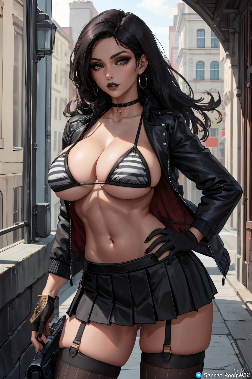 ai generated, big breasts, bikini top, black choker, breasts, choker, female, garter straps, goth, goth girl, hand on hip, hoop earrings, original character, pleated skirt, secret room12, skirt, stable diffusion, stockings