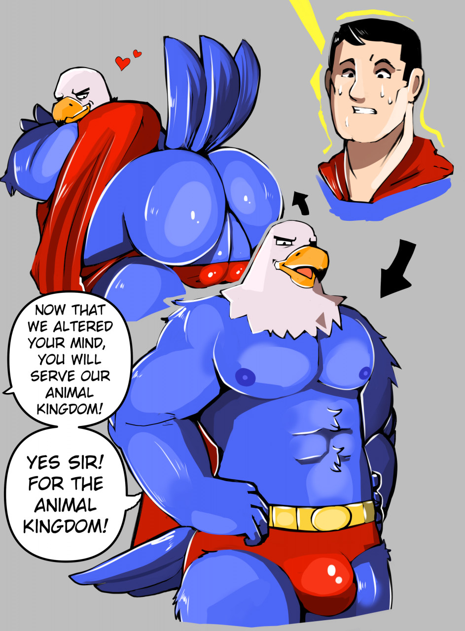 1boy 2022 accipitrid accipitriform anthro avian bird black_hair blue_body blue_clothing bulge cape clothing coolietf dc dc_comics eagle english_text hair heart hi_res male male_only mammal nipples red_clothing red_underwear solo speech_bubble superhero superman superman_(series) text transformation underwear white_body