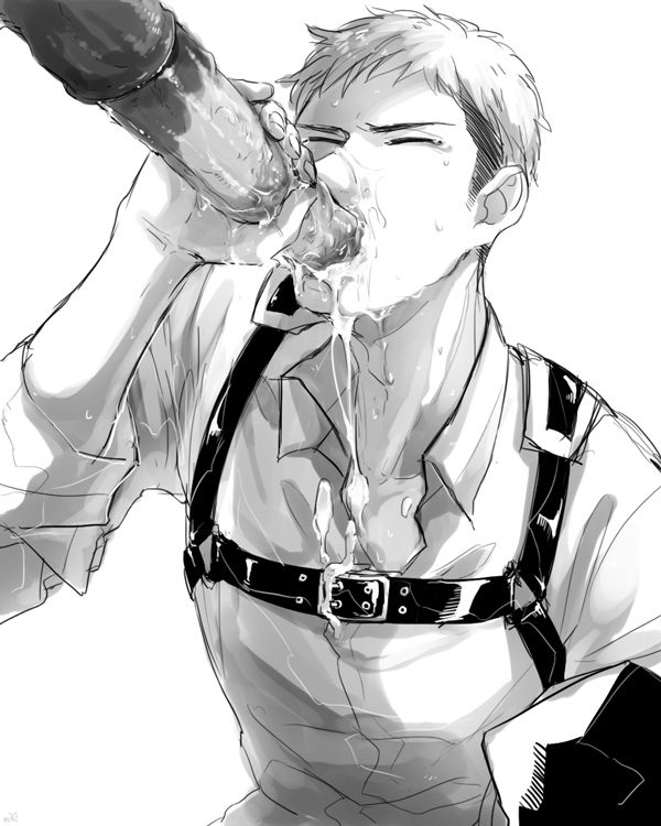 1boy, attack on titan, blowjob, cum, cum in face, cum in mouth, cum on clothes, ejaculation, fellatio, gay, horse, horsecock, human, human on feral, human only, jean kirstein, male, male on male, male only, male/male, multiple males, oral, penis, shingeki no kyojin, short hair, white background, zoophilia