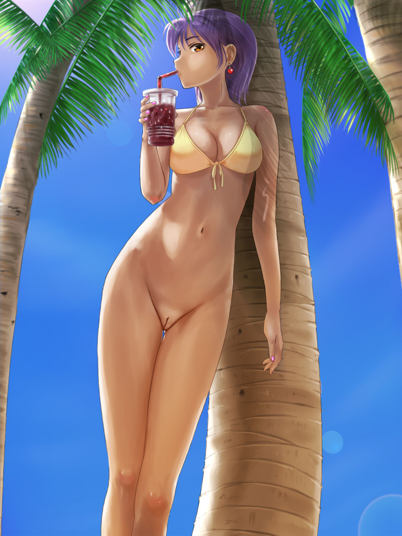 1girls beach bikini bikini_top bottomless breasts drink earrings female innie_pussy jewelry mizugi orange_eyes original palm_tree purple_hair pussy rasukaru short_hair solo swimsuit tan tree uncensored