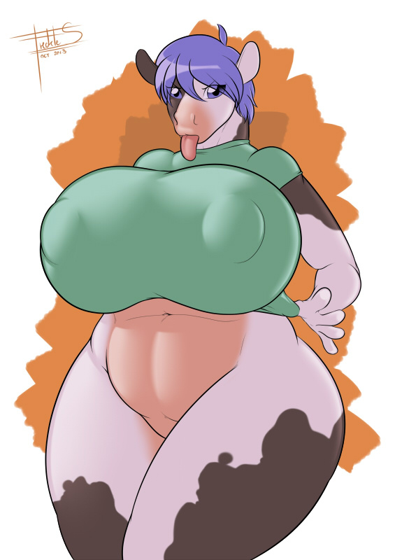 anthro big_breasts blue_eyes blue_hair bottomless bovine breasts cattle chubby erect_nipples female freckles_(artist) hair huge_breasts navel nipple_bulge nipple_outline nipples raspberry tongue tongue_out