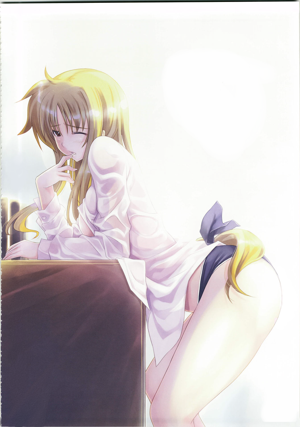 dress_shirt fate_testarossa lyrical_nanoha mahou_shoujo_lyrical_nanoha mahou_shoujo_lyrical_nanoha_strikers mikazuki_akira open_clothes open_shirt panties shirt tagme tri-moon!