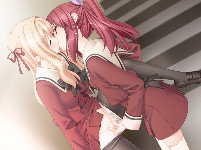 blonde_hair blue_eyes blush cg closed_eyes eroge female fingering fuguriya game_cg kissing matsubara_yuna multiple_girls oda_nanami red_eyes red_hair schoolgirl sono_hanabira_ni_kuchizuke_wo yuri