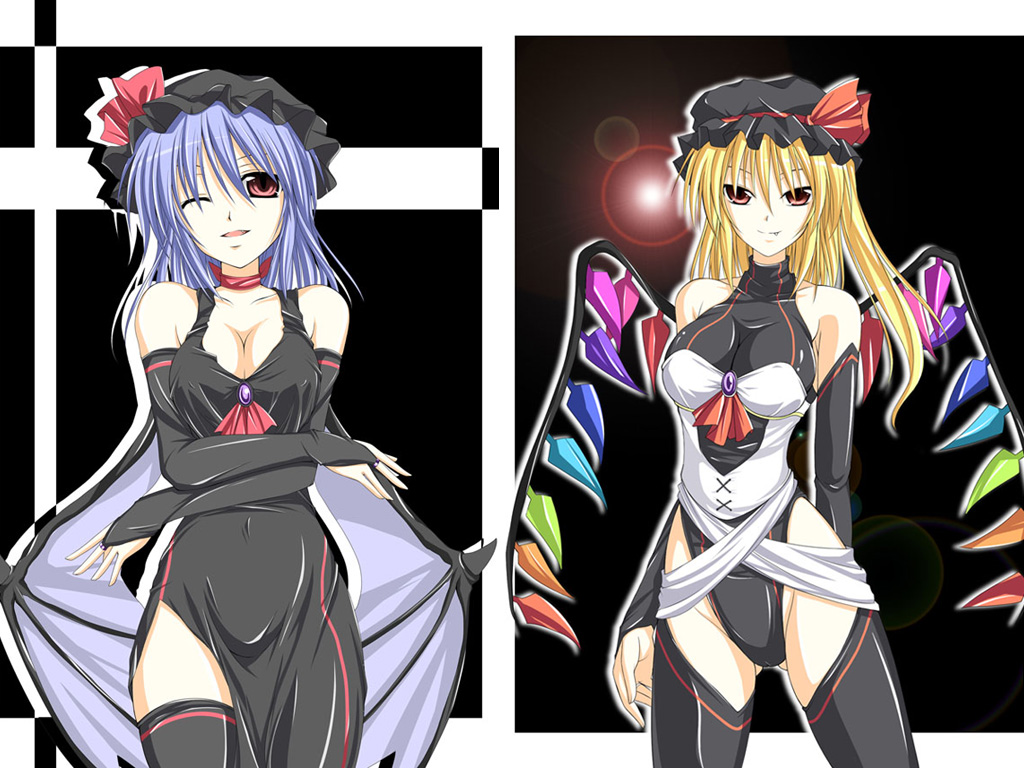 bat_wings breasts cute_fang elbow_gloves flandre_scarlet gloves kirisaki_byakko kitsunebi lens_flare multiple_girls oppai remilia_scarlet siblings sisters thighhighs touhou wings