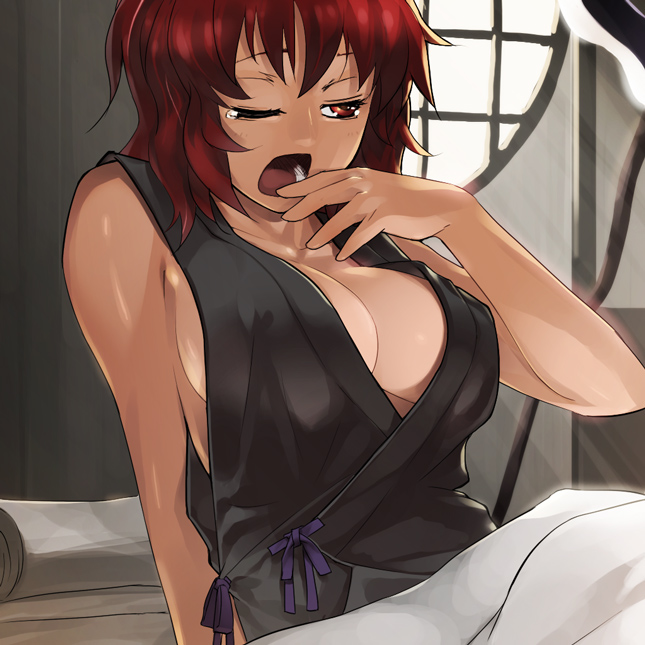 1girls breasts cleavage female komachi_onozuka large_breasts oppai red_hair solo sun-3 touhou yawn yawning