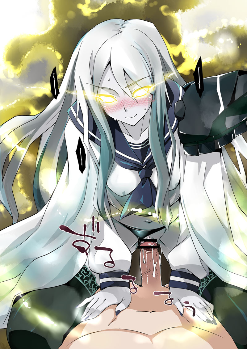 1boy arm_support black_legwear black_panties blush cape censored cloak clothed_female_nude_male clothed_sex cowgirl_position cowgirl_position female glowing glowing_eyes grey_skin kantai_collection lace-trimmed_thighhighs long_hair looking_at_viewer mikagami_sou nail_polish panties panties_aside penis personification pov pov_eye_contact pussy pussy_juice school_uniform serafuku sex silver_hair smile straddle sweat thighhighs underwear