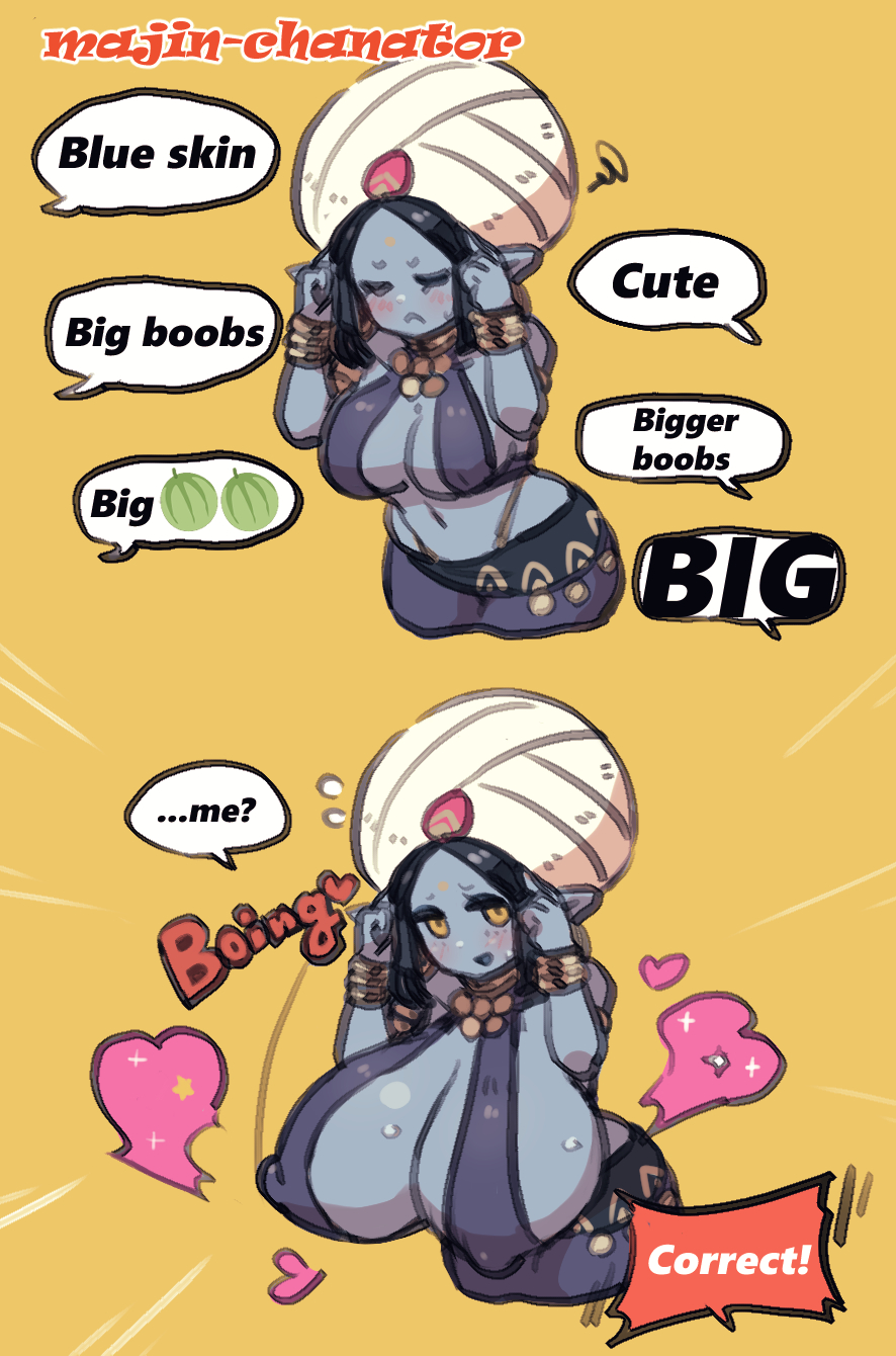 big_hat blue_body blue_hair blue_skin blush blush_lines blushing_at_viewer breast_expansion breast_growth breast_inflation expansion genie genie_(harusame10000) genie_girl harusame10000 hat inflation magic nipple_bulge original_character rule_63 text text_bubble wozzu1 yellow_eyes