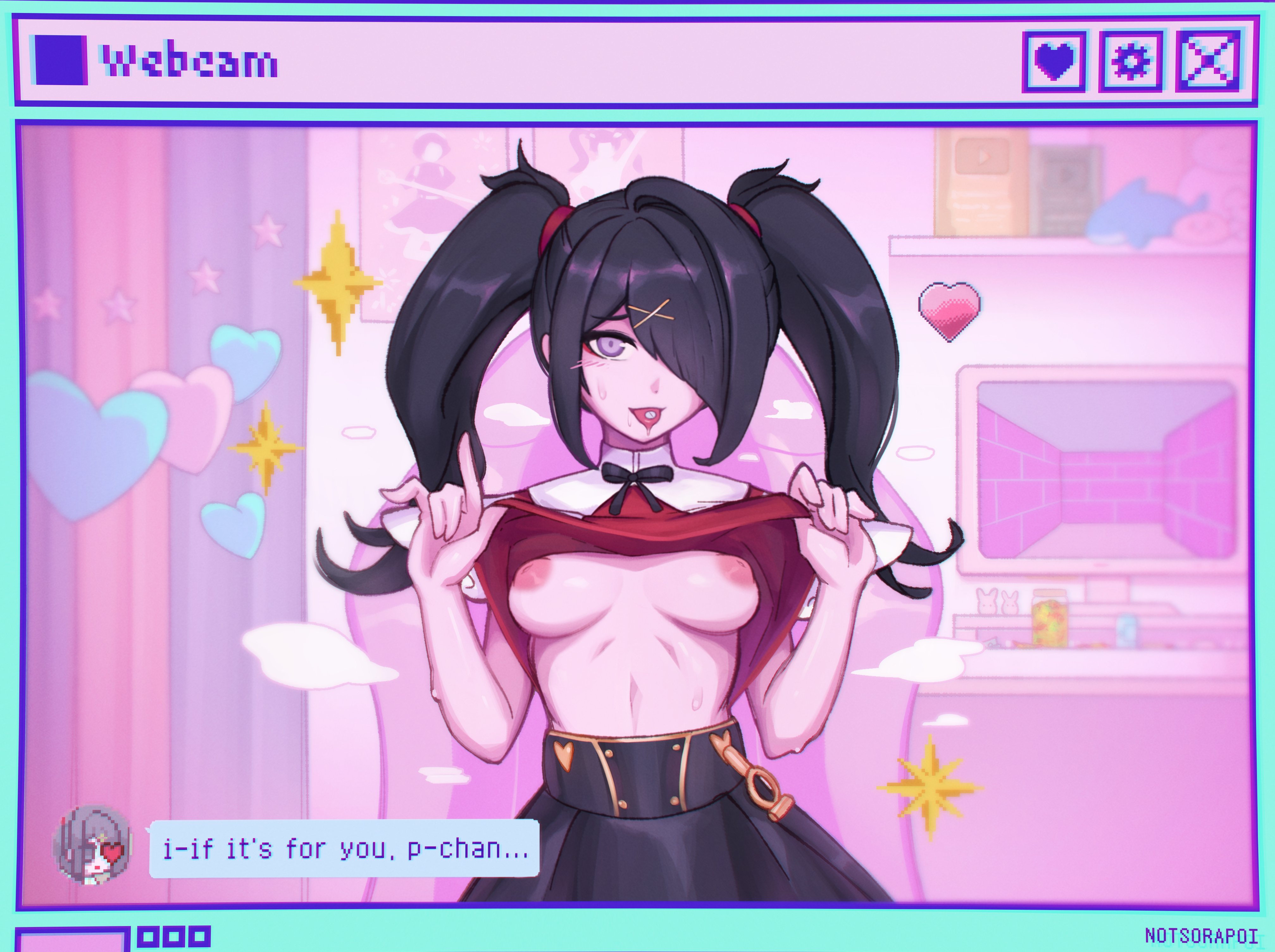 1girls, ame-chan, black hair, blush, drugged, drugs, female, hair over one eye, heart, lolita (fashion), lolita fashion, looking at viewer, needy girl overdose, needy streamer overload, notsorapoi, partially clothed, presenting, shirt lift, shy female, sitting, smile, solo, streaming, sweat, text, topless, twintails