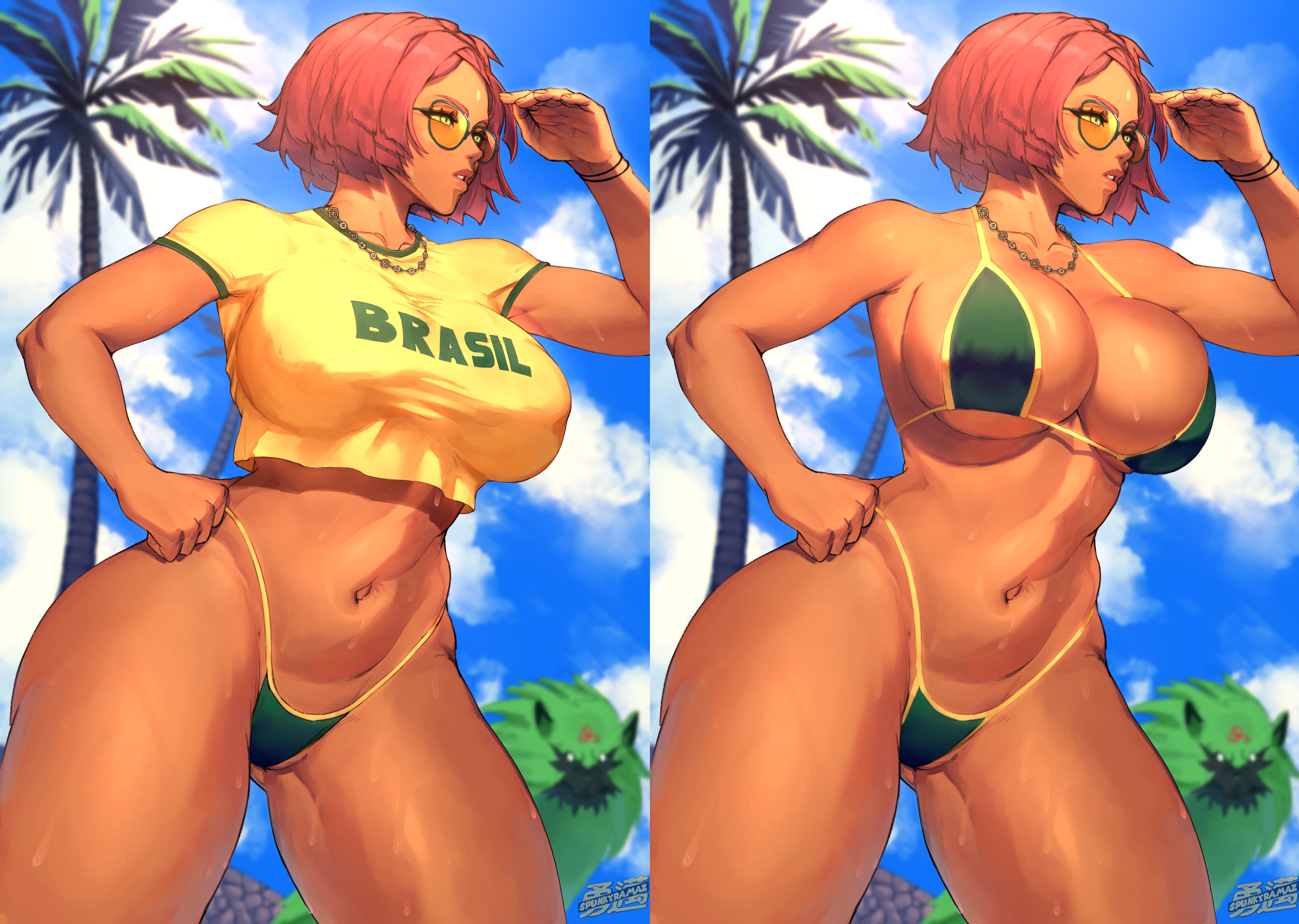 1girls, ass, ass visible through thighs, bob cut, brazilian, brazilian female, curvy, curvy female, curvy figure, eyewear, female, female focus, female only, giovanna (guilty gear), guilty gear, highleg, highleg panties, highleg swimsuit, latina, necklace, red hair, short hair, solo, solo female, solo focus, south american, spunkyramaz, sunglasses, tan skin, tan-skinned female, thick ass, thick thighs, thin waist, wide hips