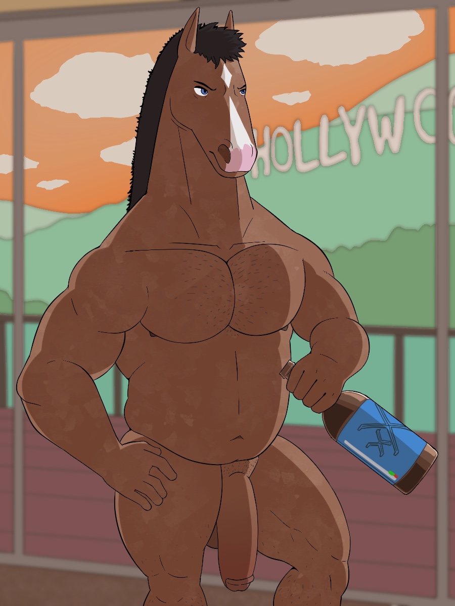 alcohol anthro beverage biceps big_penis black_hair bojack_horseman bojack_horseman_(character) brown_body dad_bod daddy dilf equid equine forearm_muscles genitals hair hand_on_hip hi_res hollywood horse huge_cock humanoid_penis male male/male mammal muscular_male netflix nude ryanburr solo stern_expression triceps window