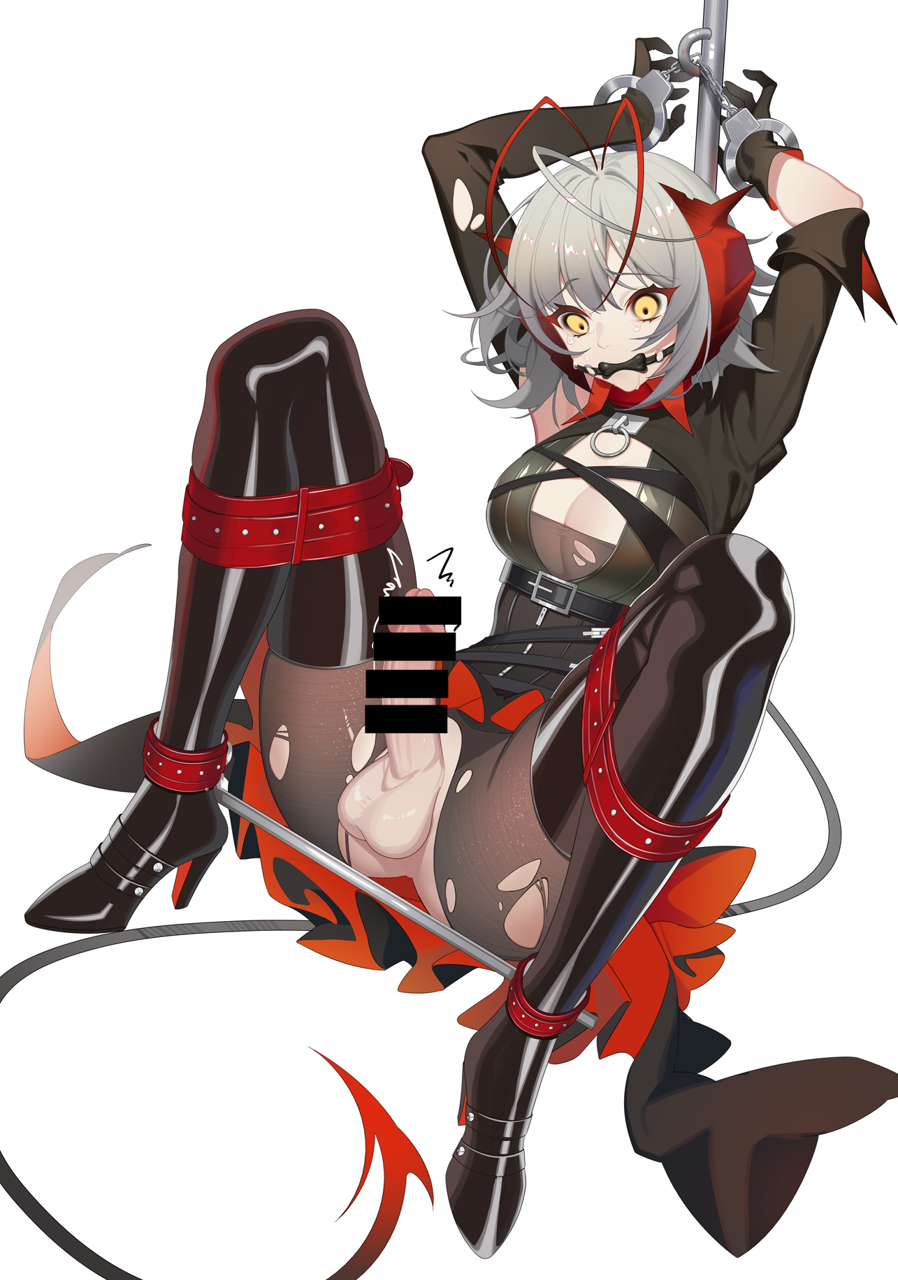 1futa, arknights, balls, bar censor, big breasts, big penis, blonde hair, bondage, breasts, censored, clothed, clothing, erection, futa only, futanari, futasub, horns, human, intersex, light skin, light-skinned futa, mostly clothed, penis, qianshibu, rope, rope bondage, short hair, sitting, solo, w (arknights), weapon