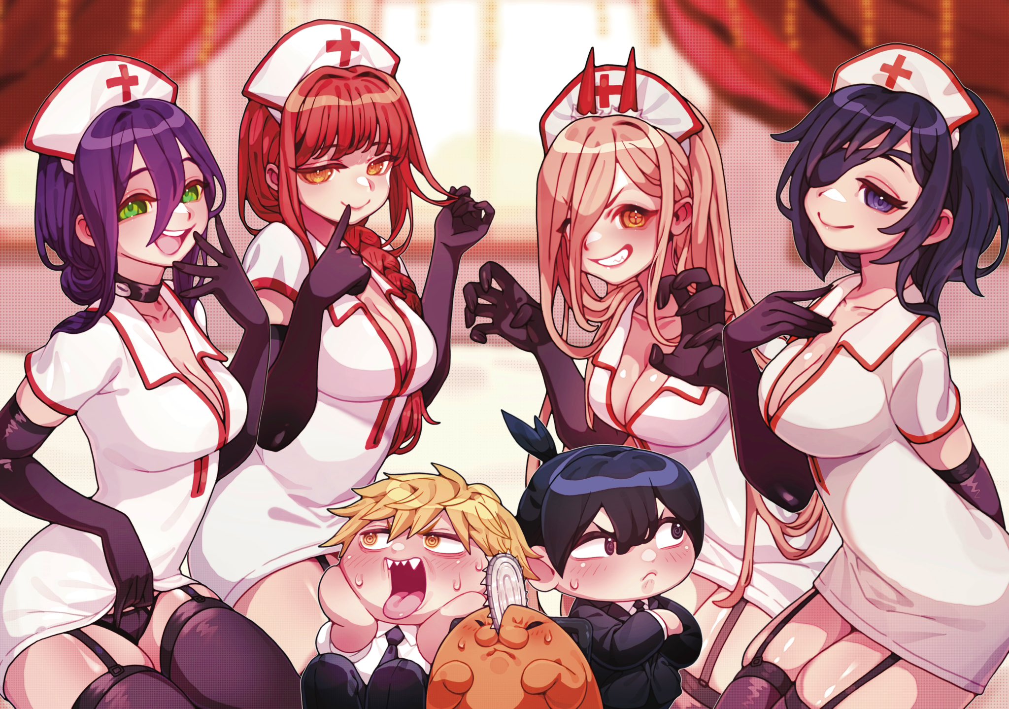 2boys, 4girls, ass, big ass, big breasts, breasts, chainsaw man, cleavage, denji (chainsaw man), female, garter straps, gloves, hayakawa aki, himeno (chainsaw man), lianbiglian, light skin, light-skinned female, makima (chainsaw man), male, mappa, nurse, nurse cap, nurse uniform, pochita (chainsaw man), power (chainsaw man), reze (chainsaw man), stockings, thick thighs