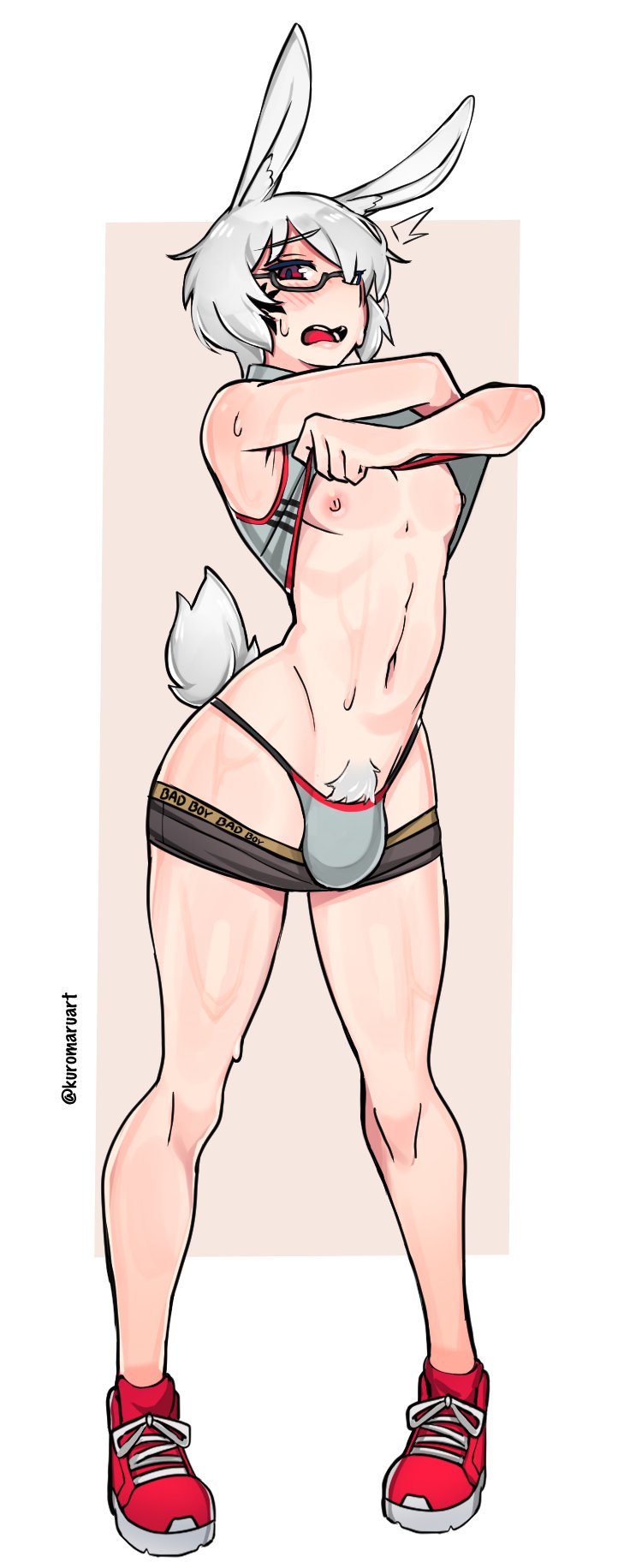 1boy 2022 blush bulge bunny_ears bunny_tail clothes_lift embarrassed femboy final_fantasy final_fantasy_xiv girly glasses hair_over_one_eye hi_res kuromaruart looking_at_viewer male male_only penis_bulge pubic_hair red_eyes short_hair shorts_down solo taiyo_akari thong undressing viera white_hair workout_clothes