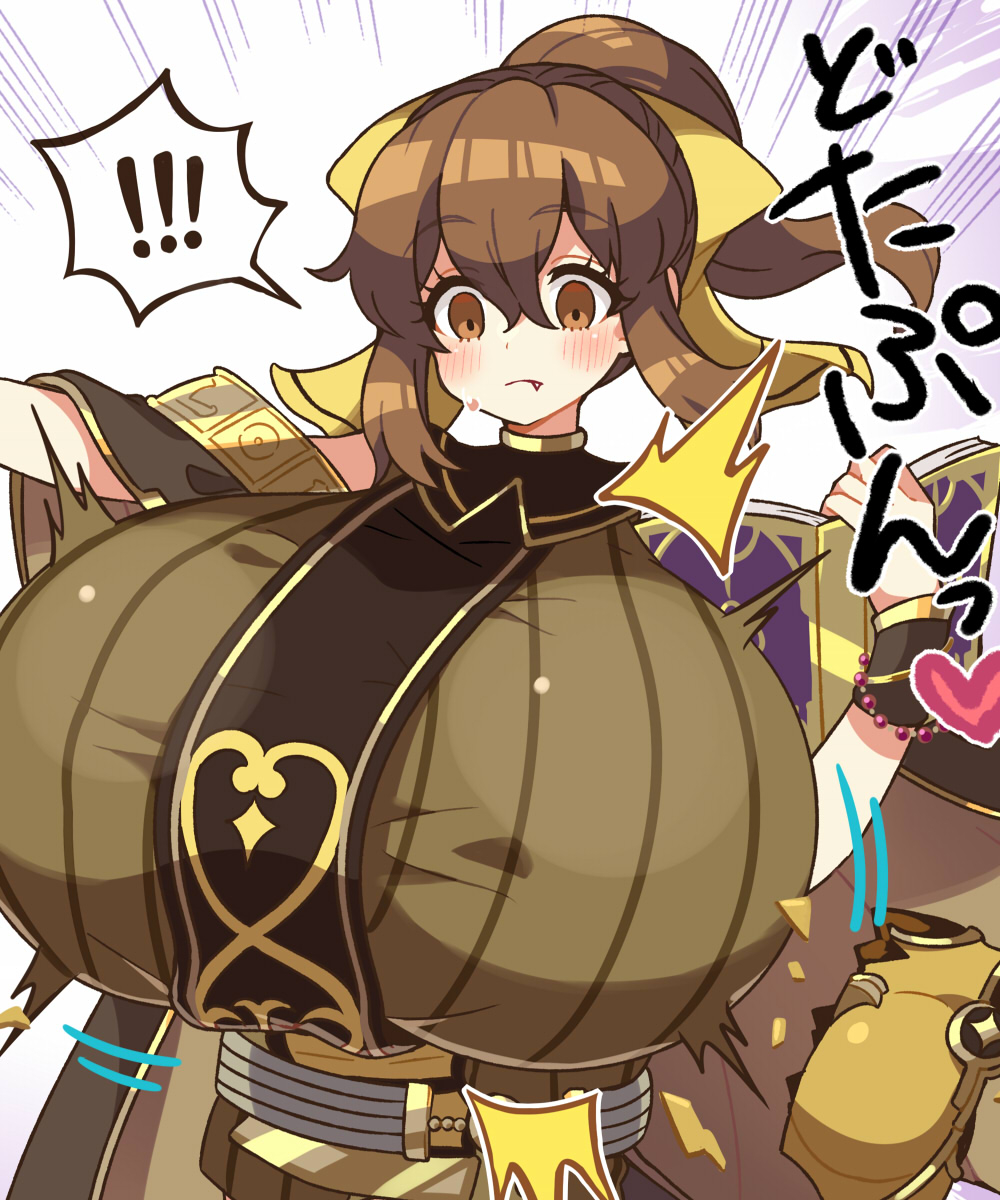 1girls alternate_breast_size blush book breast_expansion breasts broken_armor brown_eyes brown_hair bursting_breasts dadadanoda delthea_(fire_emblem) empty_eyes female female_only fire_emblem fire_emblem_echoes:_shadows_of_valentia gigantic_breasts hair_ribbon japanese_text looking_down medium_hair motion_lines nintendo ponytail shocked simple_background solo surprised text tied_hair translation_request wardrobe_malfunction