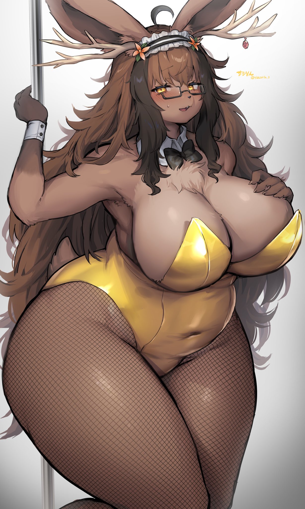 antlers big_ass big_breasts big_breasts big_butt bow bow_choker bow_tie bowtie brown_hair bunny_ear bunny_ears bunny_girl bunny_tail choker chubby chubby_anthro chubby_belly chubby_female furry furry_ass furry_breasts furry_ears furry_female furry_only furry_tail huge_ass huge_butt jackalope large_ass large_butt long_hair one_piece_suit one_piece_swimsuit stripper stripper_pole suurin_(ksyaro) yellow_clothing