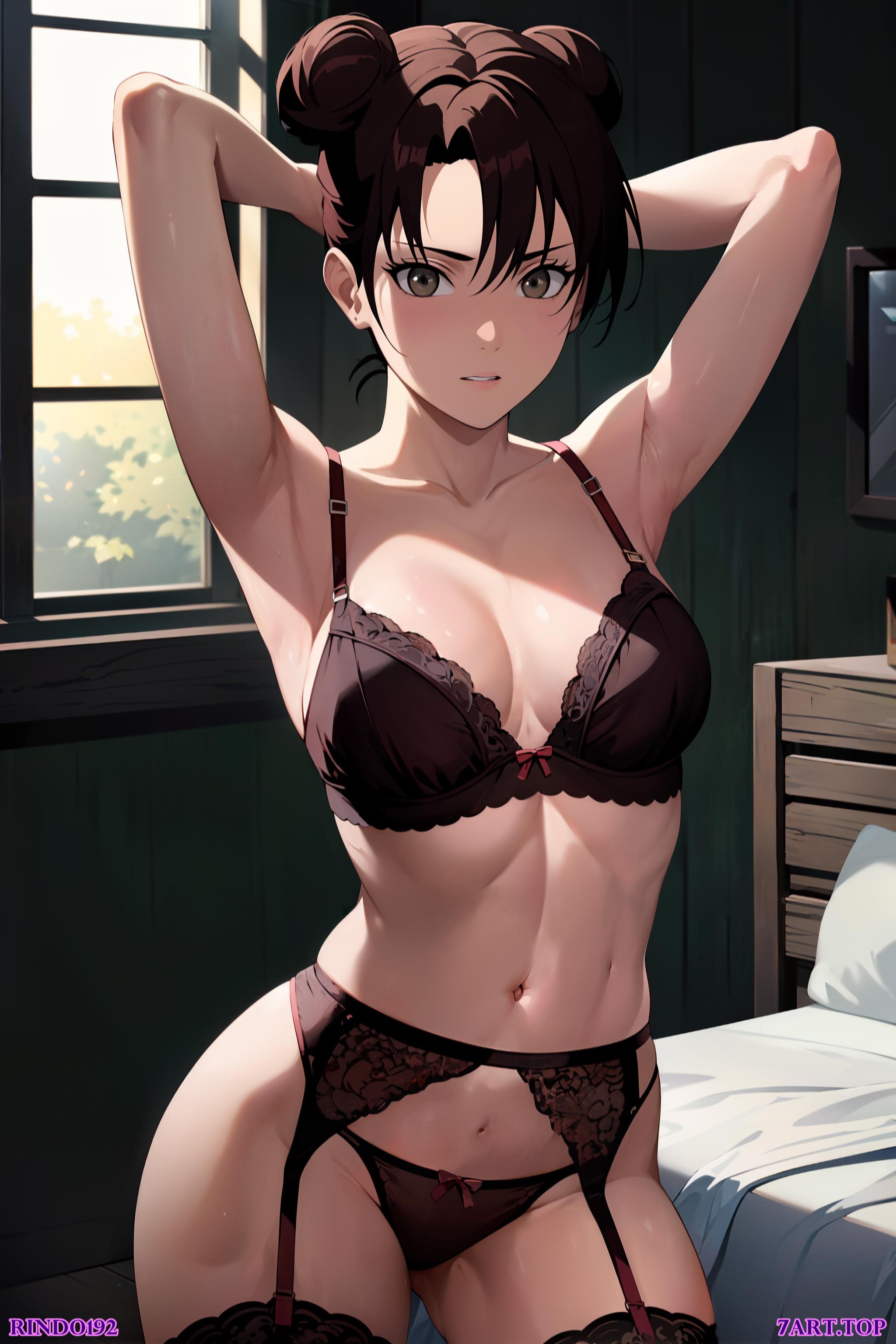 1girls, ai generated, bed, bedroom, black bra, black hair, black panties, boruto: naruto next generations, bra, breasts, cute, female, female focus, female only, fit, fit female, looking at viewer, naruto, naruto (classic), naruto (series), naruto shippuden, panties, rindo192, solo, solo female, stable diffusion, stockings, tenten