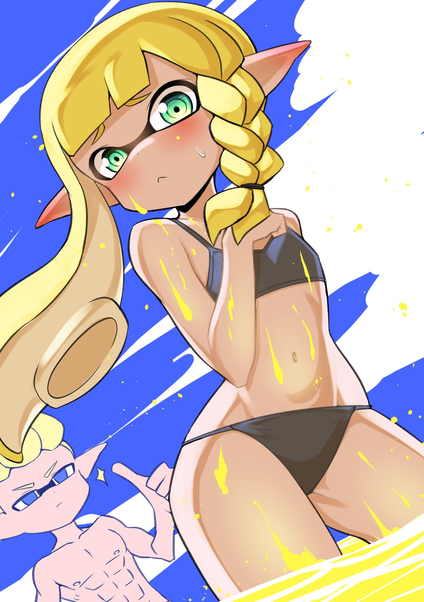 bikini embarrased inkling inkling_girl new_agent_3_(splatoon) nobunagapero peronattu splatoon splatoon_3 tentacle tentacle_hair yellow_hair