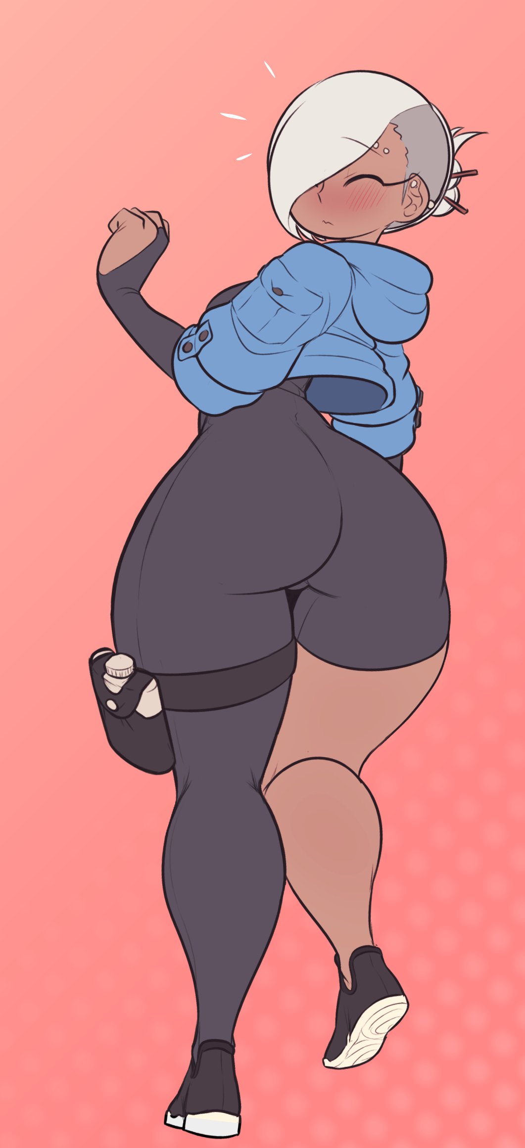ass, big ass, blush lines, blushing at viewer, child bearing hips, closed eye, curvy, curvy female, dark skin, dark-skinned female, female, fit, fit female, hair over one eye, jacket, littlej (zi19191), original character, pear shaped, round ass, thick ass, thick thighs, thin waist, thunder thighs, white hair, wide hips, xiao yan (littlej/zi19191)
