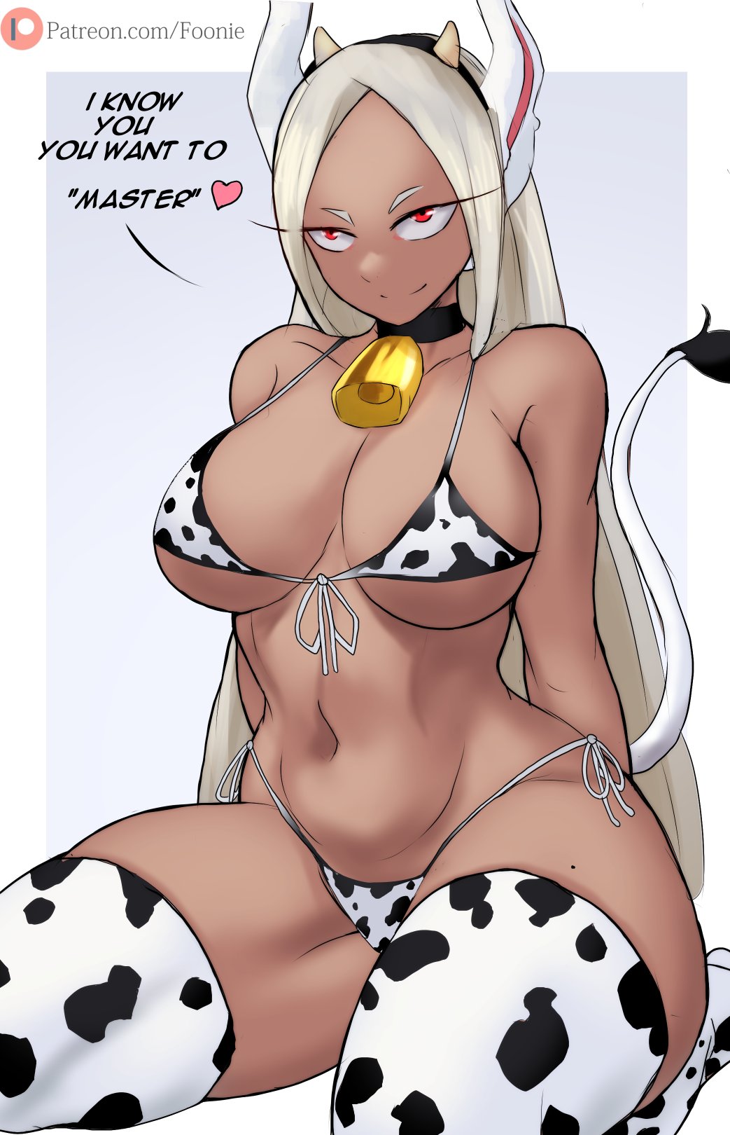 bikini, choker, cow print, cowbell, dark skin, dark-skinned female, english text, female, horns, miruko, my hero academia, rumi usagiyama, tail