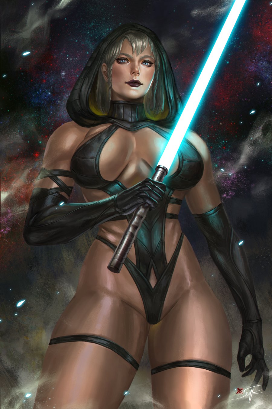 1girls athletic athletic_female blue_eyes braids brianna_(star_wars) echani handmaiden jedi lightsaber looking_back soffa space star_wars star_wars:_knights_of_the_old_republic underwear white_hair