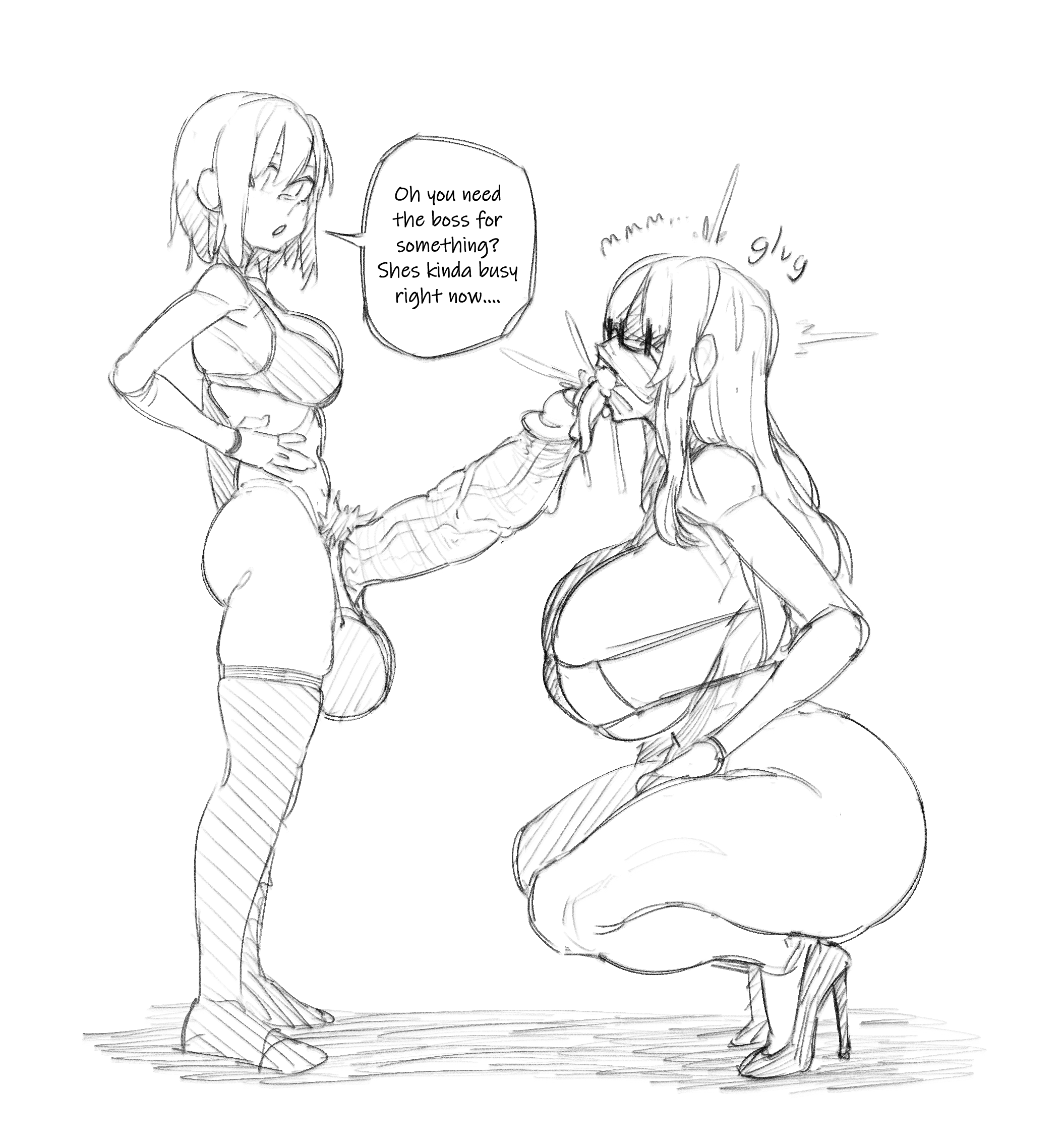 balls, big balls, big penis, big testicles, breasts, dialogue, dickgirl, erection, fellatio, female, futa on female, futanari, glasses, high heels, huge balls, huge breasts, huge cock, huge penis, huge testicles, intersex, kneeling, long hair, makinakid, monochrome, original, original character, penis, penis awe, precum, pubic hair, short hair, small but hung, speech bubble, testicles, thighhighs, tongue, tongue out, uncensored